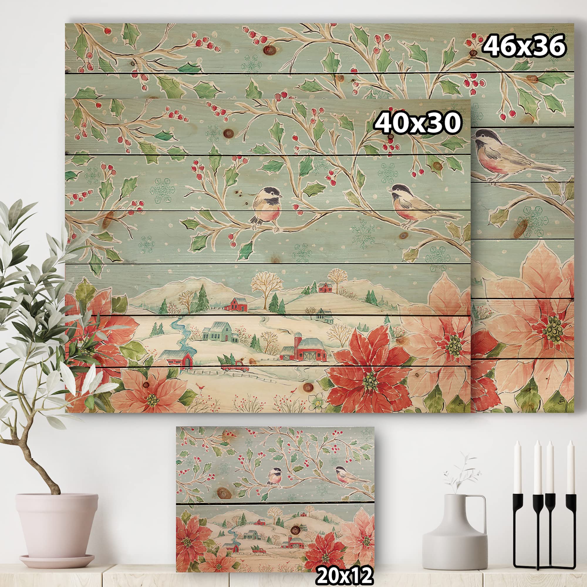 Country Flower Snowflakes II Traditional Wood Wall Decor - Red Wood Wall Art, Large Floral Wood Panels Printed on Natural Pine - Perfect for Living Room, Bedroom, and Farmhouse Decor