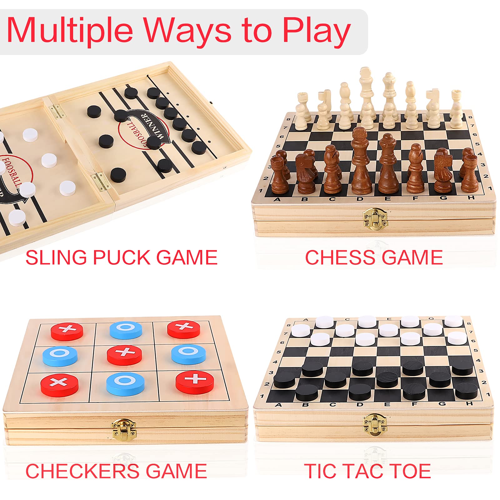 4-in-1 Board Game Set - Sling Puck, Chess, Checkers & Tic Tac Toe - Fast Hockey Table Game with Slingshot for Kids - Perfect for Family Game Night & Indoor Activities
