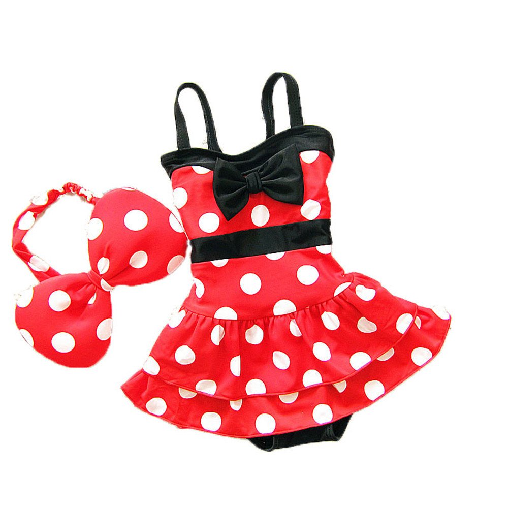 BEFULY Girls 3 Piece Swimwear Set - Red Bow & White Polka Dot Bathing Suit for Toddlers | Beach, Pool & Summer Vacation Outfit