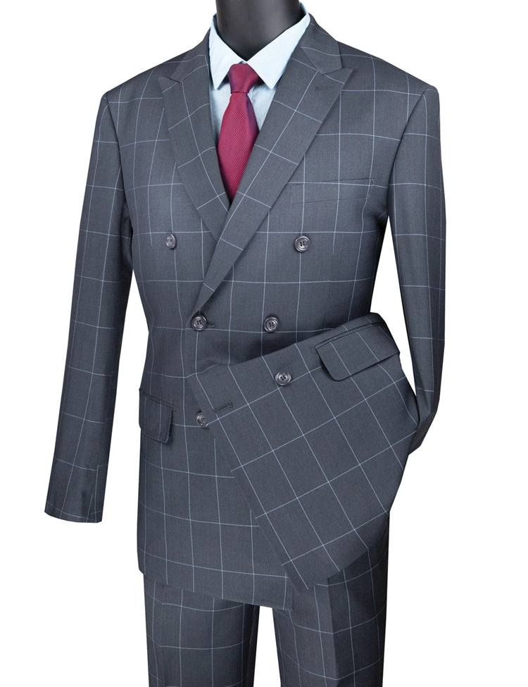 Gray Double Breasted Suit for Men - Modern Fit 2 Piece Windowpane Peak Lapel Business Formal Suit | Perfect for Weddings, Office & Special Occasions