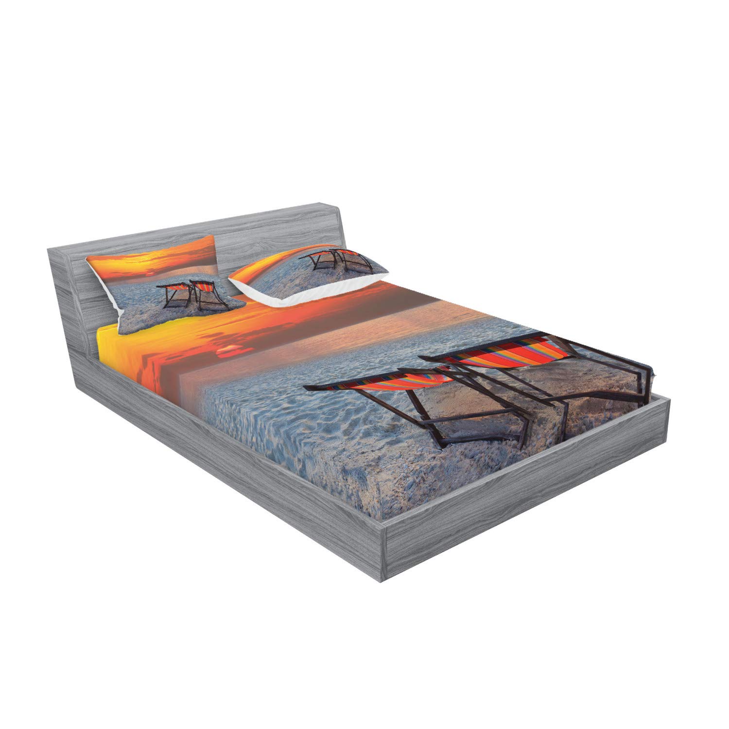 Ambesonne Seaside Fitted Sheet & Pillow Sham Set - Colorful Beach Sunset Design with Couples Chairs, 3-Piece Printed Bedding Set in Orange, Red & Grey - Perfect for Coastal Themed Bedrooms, Guest Rooms & Vacation Homes
