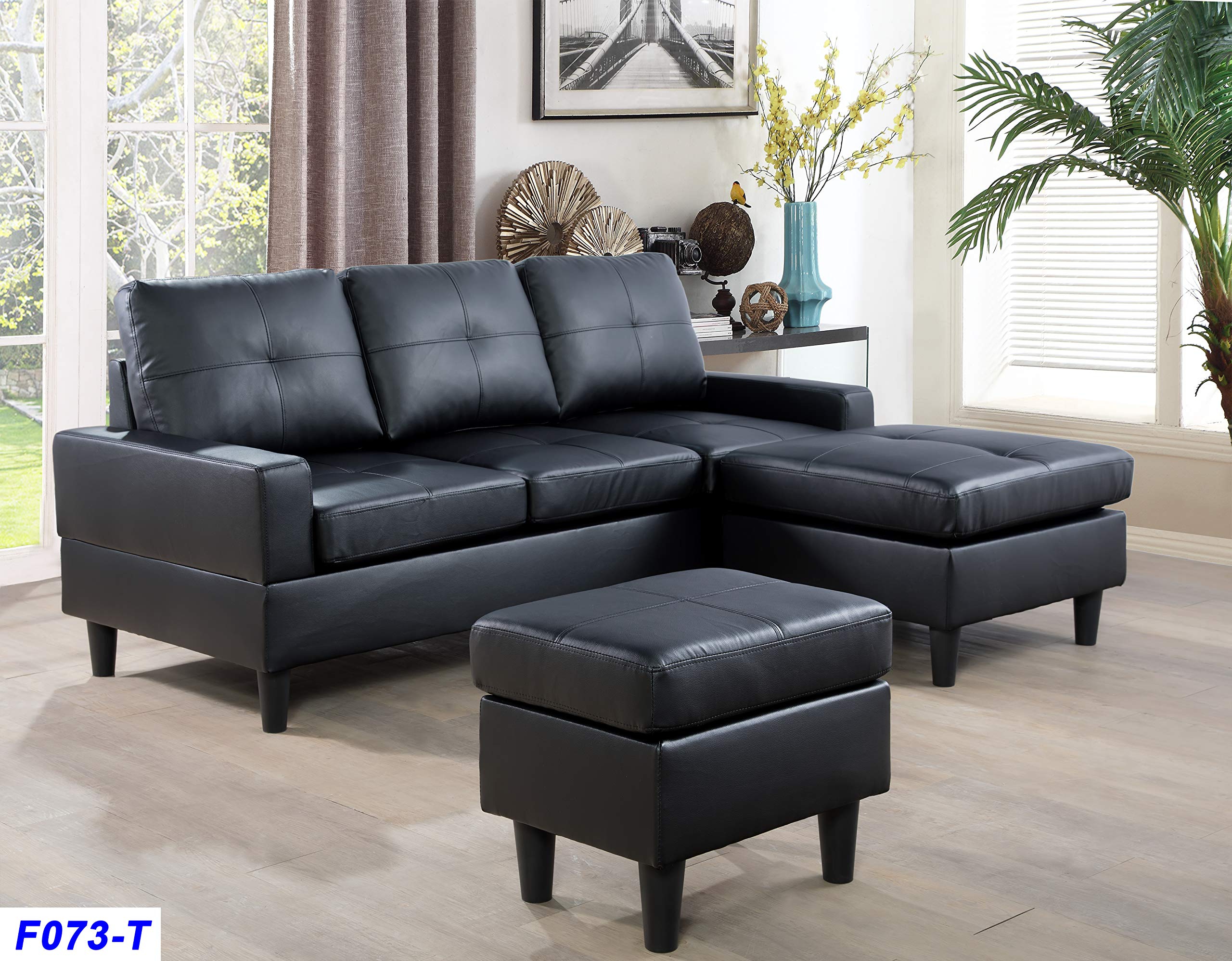 Modern Black Reversible Faux Leather Sectional Sofa with Storage Ottoman - Contemporary Living Room Furniture for Small Spaces, Apartments & Home Theater Seating