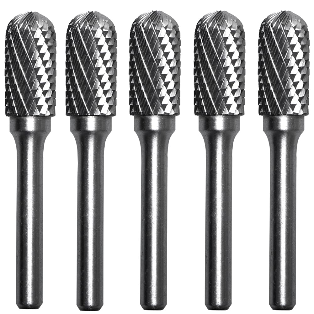 SC-5 Tungsten Carbide Rotary Burr Set - 5 Pack Cylinder Shape with Radius End, 1/2” Cutter Dia x 1” Length, 1/4