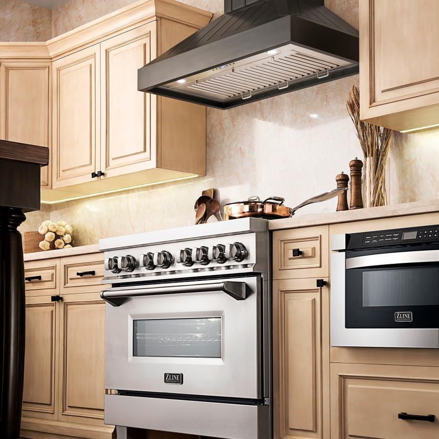 ZLINE Black Wooden Wall Mount Range Hood - Modern Kitchen Ventilation for Smoke & Odor Removal - Perfect for Home Chefs & Open Concept Kitchens