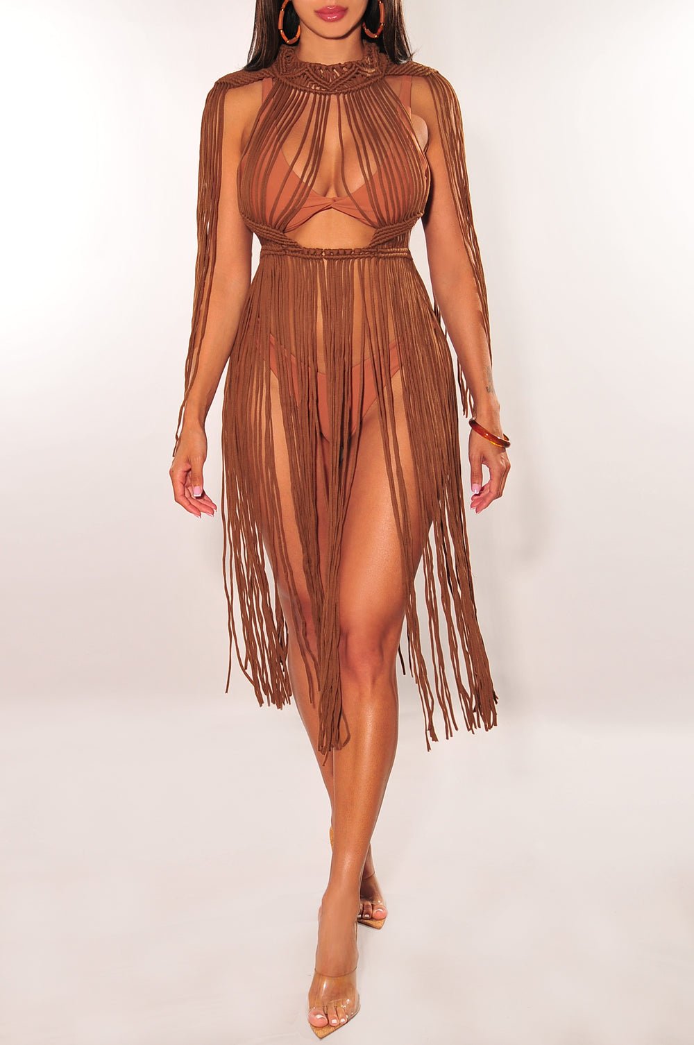Elegant Chocolate Crochet Cape Sleeves Fringe Cover Up Dress - Boho Beach Wedding Party Outfit for Women