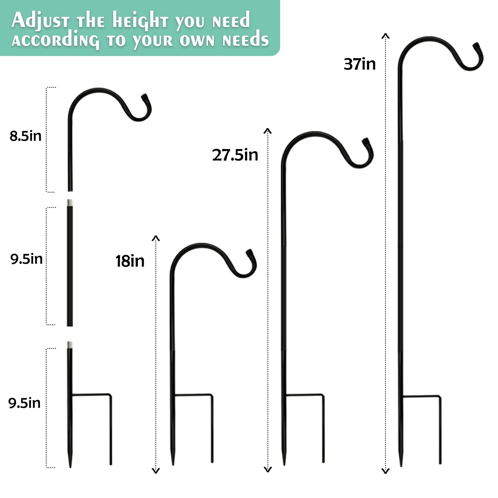 Urban Deco 8PK Heavy Duty Shepherd's Hooks - 37 Inch Tall Adjustable Height Outdoor Plant Hangers, Garden Stakes & Hooks for Wedding Decor, Patio, Backyard & Landscaping | Perfect for Hanging Plants, Lanterns & Decorations