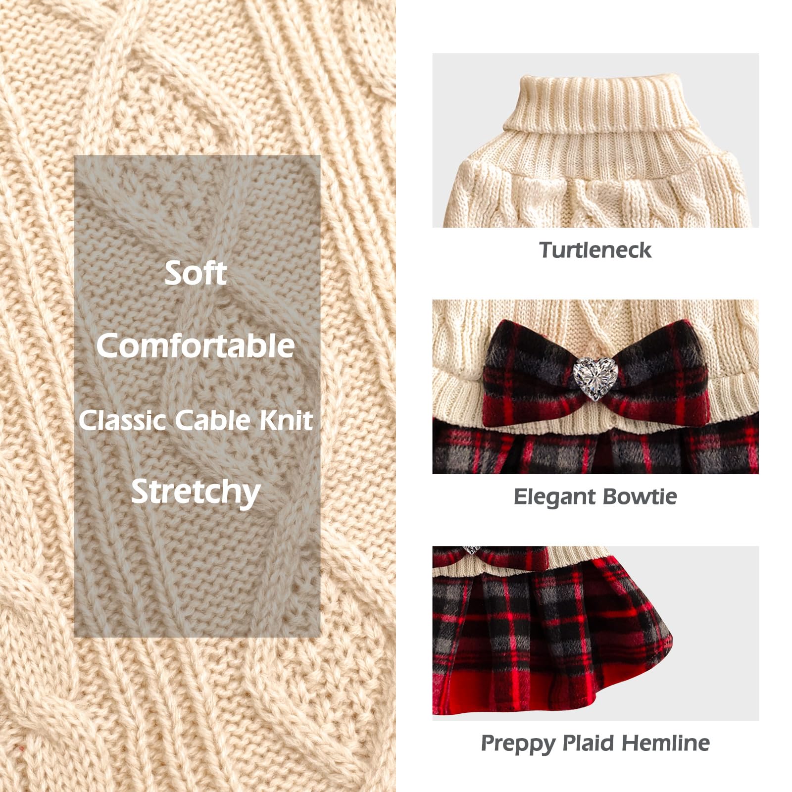 KYEESE Medium Dog Sweater Pullover with Bowtie - Buffalo Check Turtleneck Dog Sweater Dress for Small to Medium Dogs - Perfect for Winter Outfits, Christmas Photos & Indoor Cozy Wear