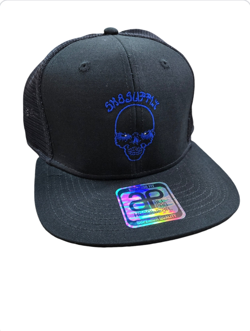 SK8SUPPLY Wes Humpston Skull Logo Trucker Snapback Hat - Black & Blue | Vintage Skate Style for Men & Women | Perfect for Skateboarding, Streetwear & Casual Outfits