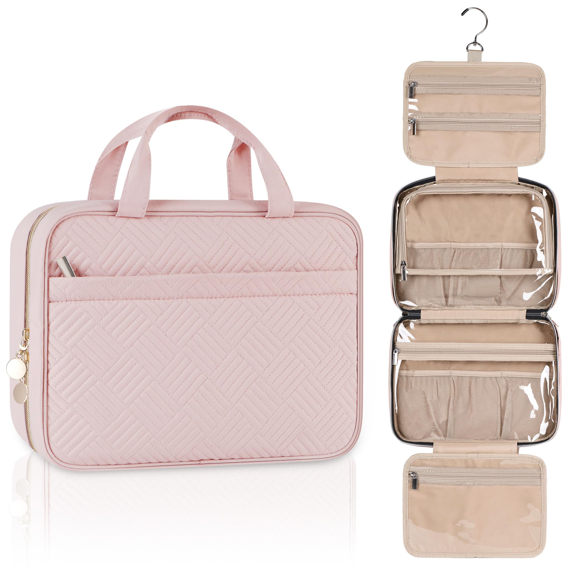 Waterproof Hanging Travel Toiletry Bag for Women - Pink Cosmetic Organizer with Multiple Pockets for Makeup, Shampoo & Toiletries | Perfect for Air Travel, Camping & Gym Essentials