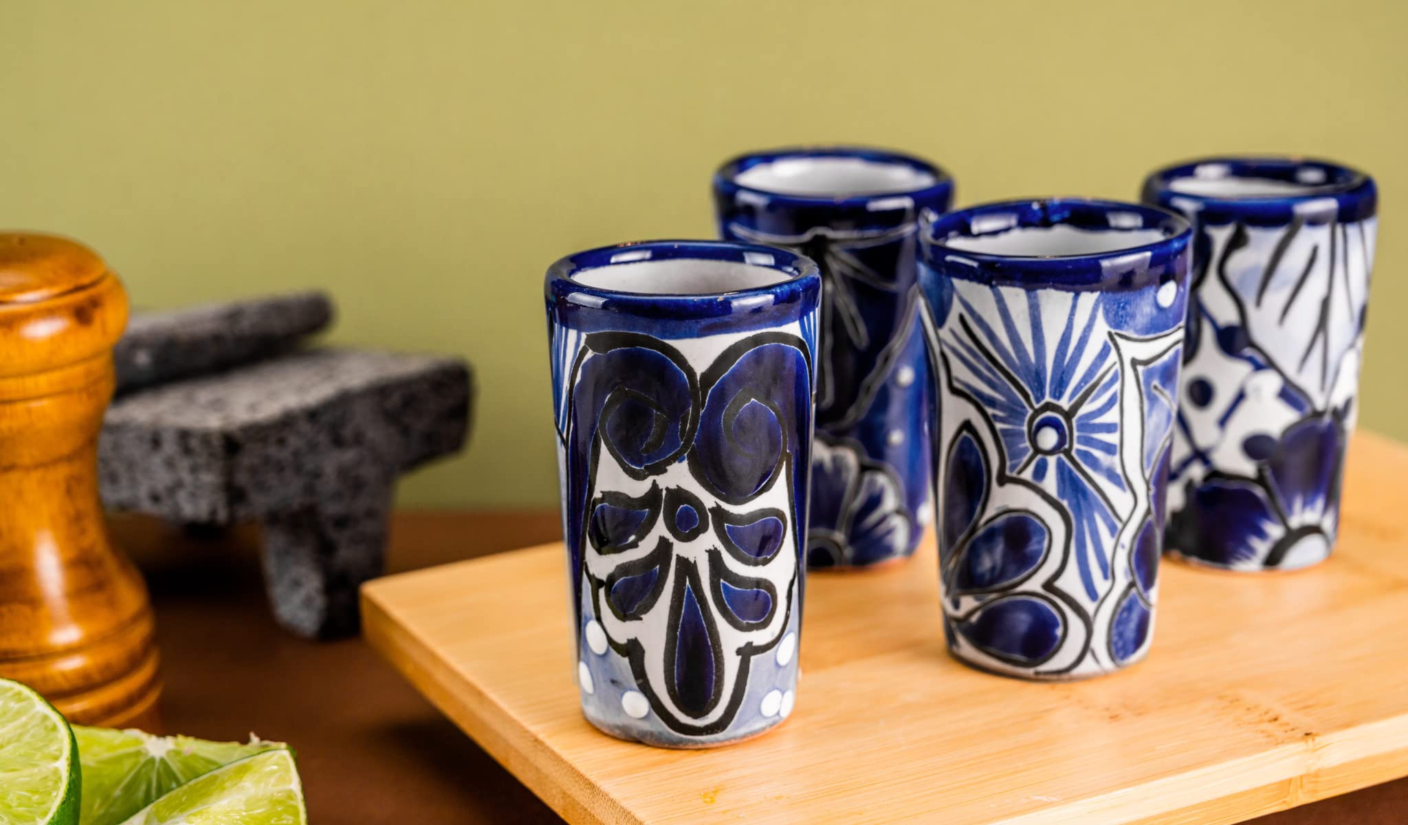 Authentic Mexican Talavera Shot Glasses Set of 4 - Hand-Painted 2oz Tequila Glasses (Blue) - Perfect for Margaritas, Parties & Mexican-Themed Decor
