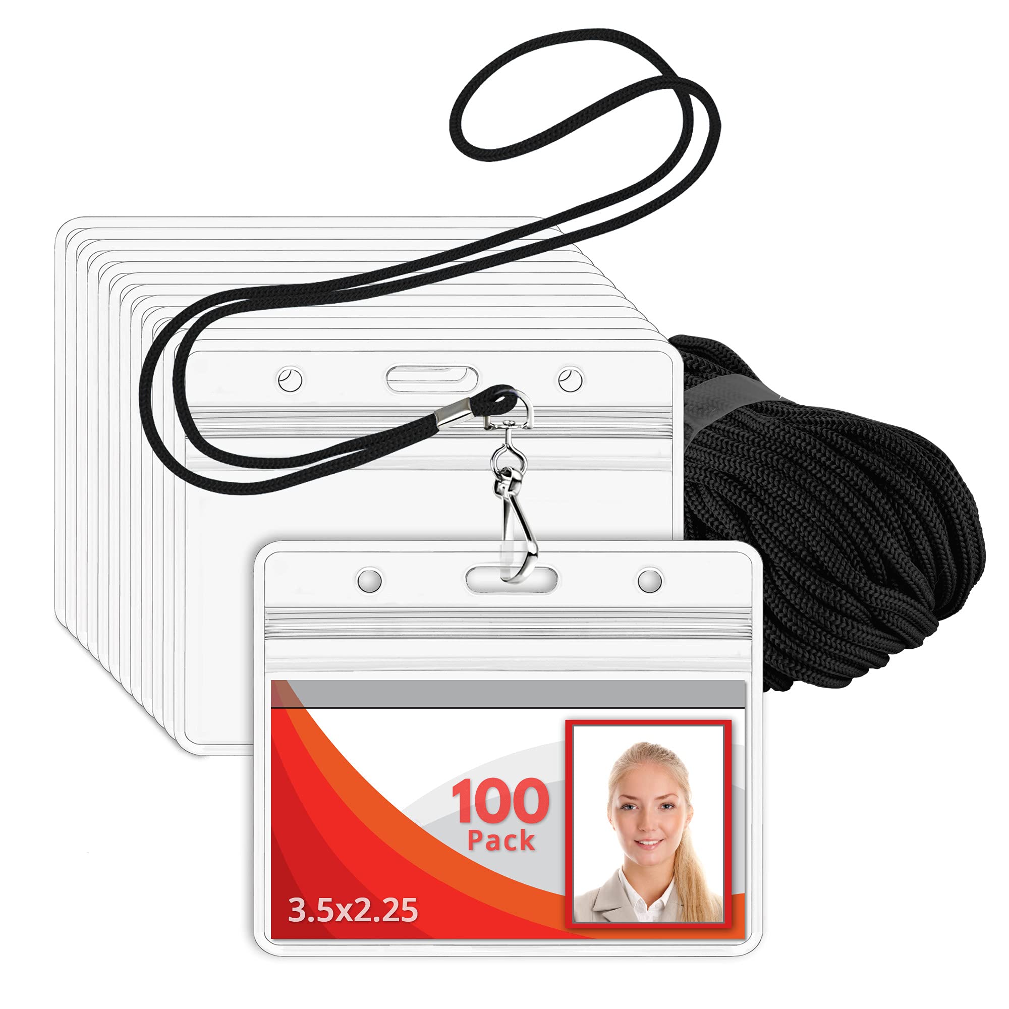 Heavy Duty Black Lanyards with ID Badge Holder - 100 Pack for Office & Events