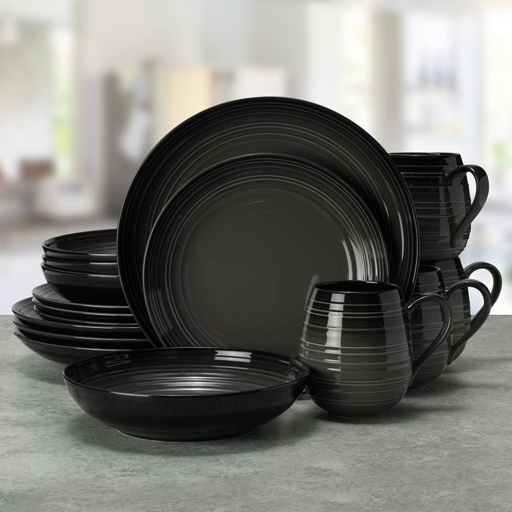 Swirl Black Coupe with Graphite Ombre Accent 16-Piece Dinnerware Set - Service for 4 - Elegant Tableware for Fine Dining, Dinner Parties & Home Decor