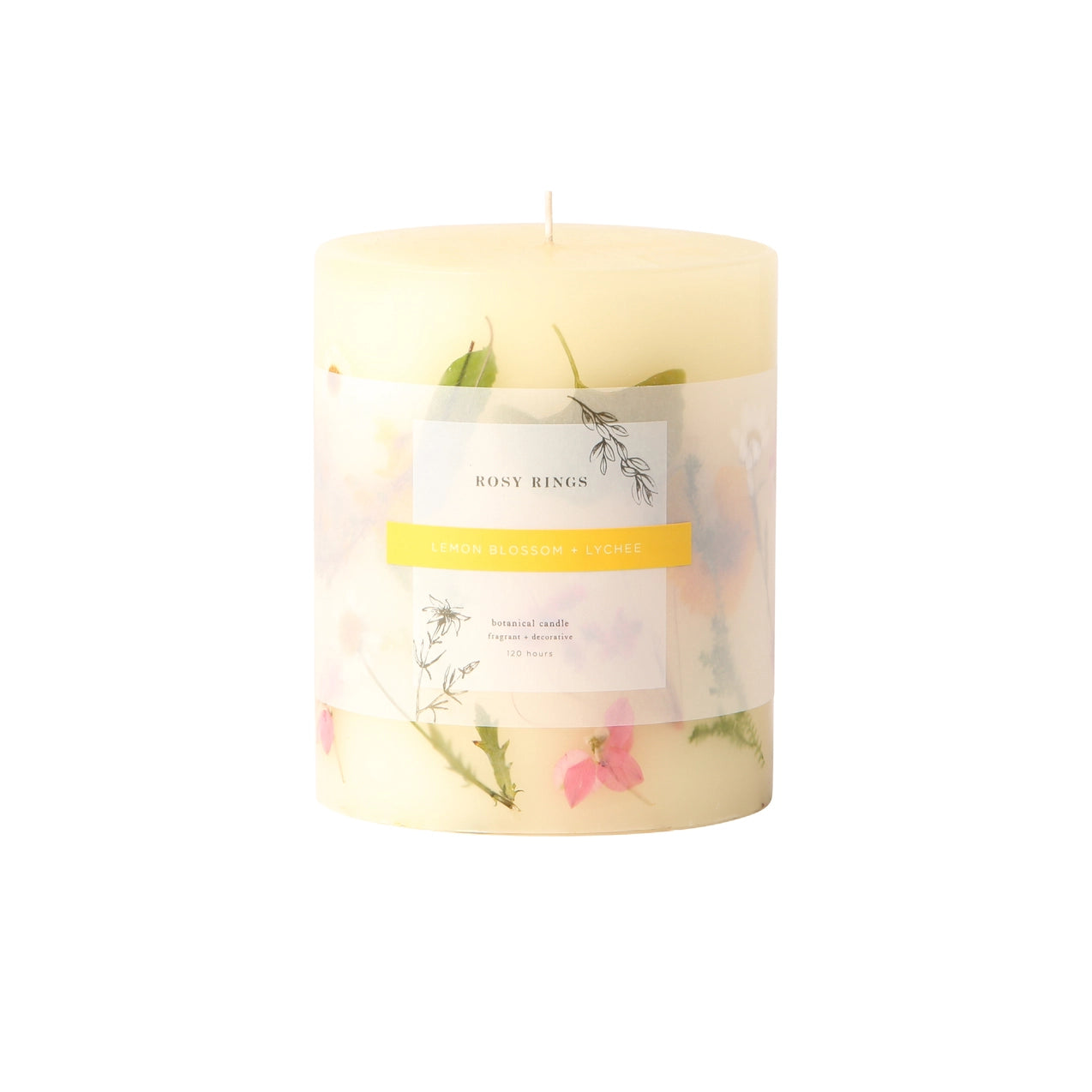 Small Round Botanical Pillar Candle - Lemon Blossom & Lychee Scented Soy Wax Candle for Home Decor, Relaxation & Aromatherapy | Perfect for Living Room, Bedroom & Bathroom