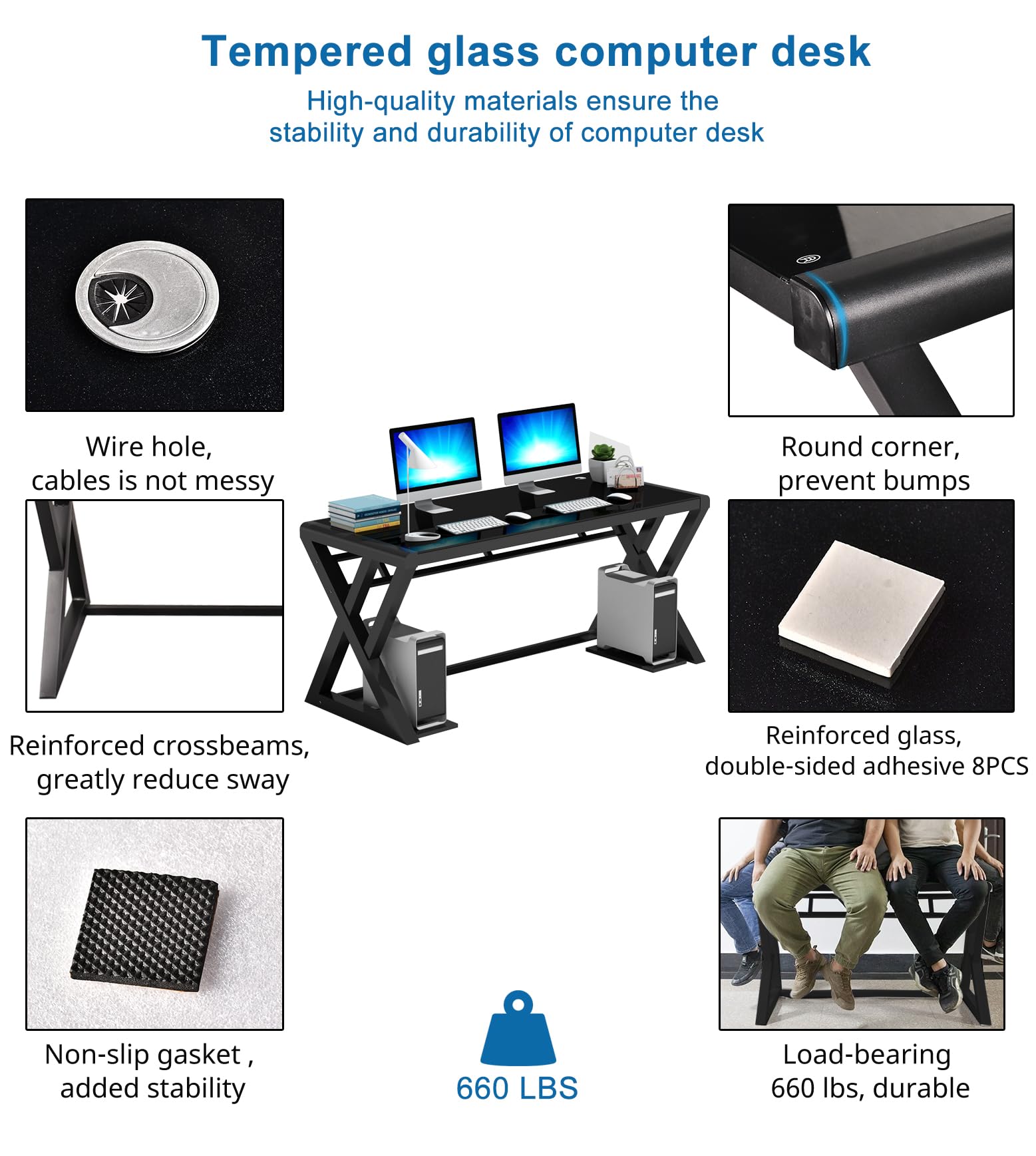 Modern Glass Computer Desk with Carbon Steel Frame - 55.1