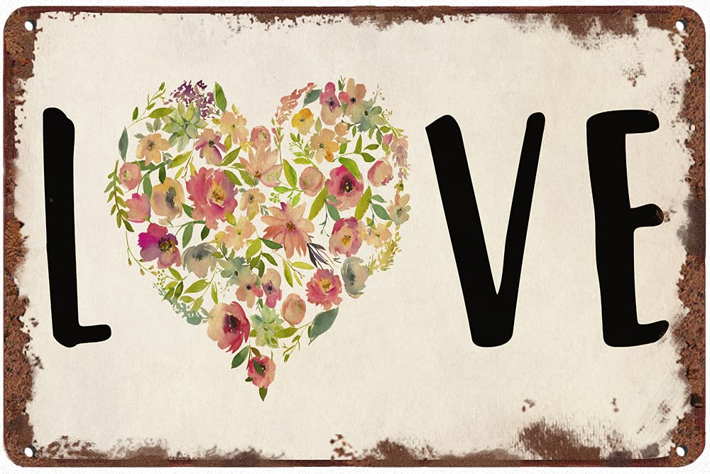 Vintage Love Heart Floral Metal Tin Sign - 12x8 Inch Retro Wall Decor for Kitchen, Home, Cafe, Office & Pub - Funny Gift Idea for Summer & Valentine's Day - Perfect for Farmhouse, Bar & Man Cave Decor
