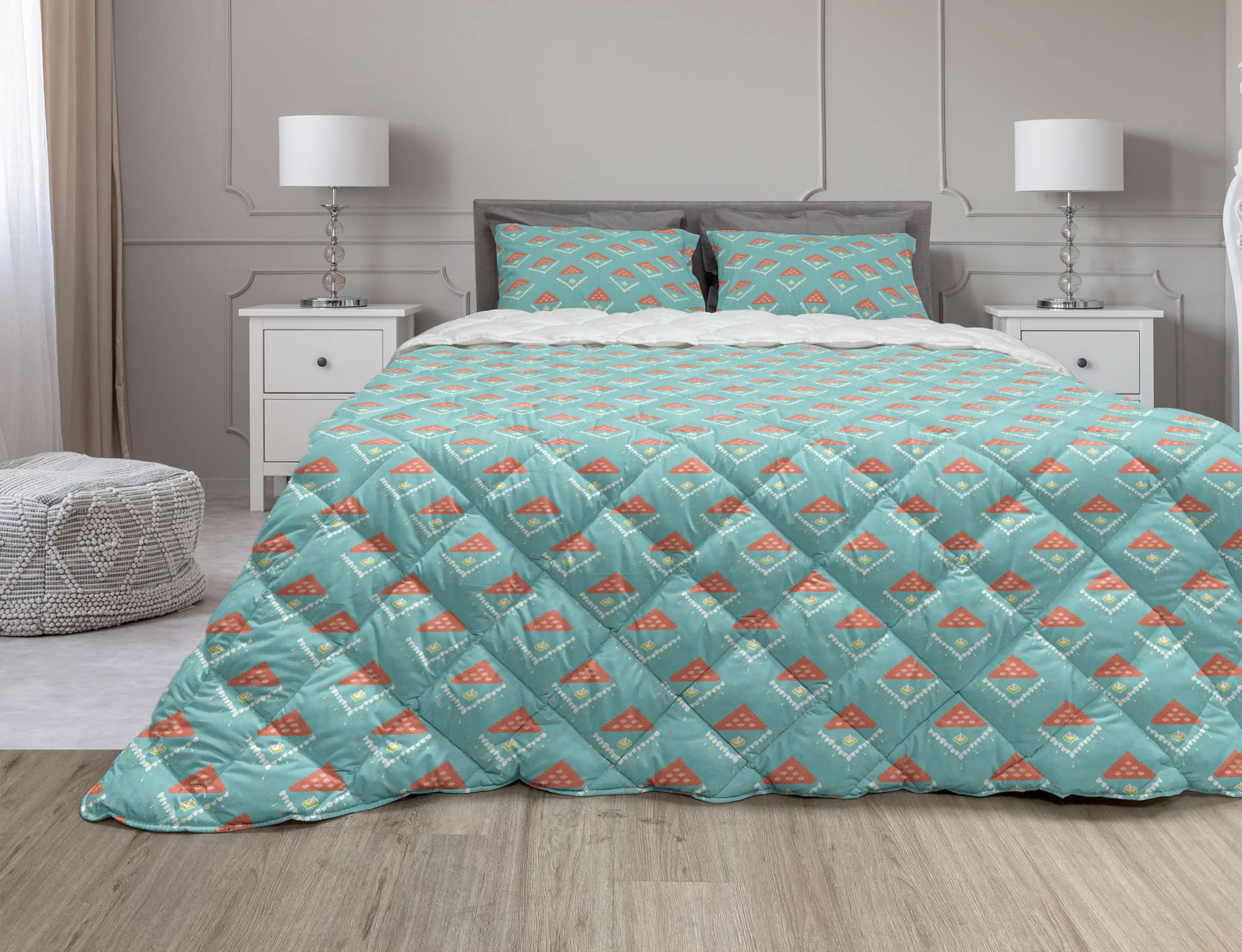 Ambesonne Tribal Comforter & Sham Bedding Set - Oriental Geometric Triangle Design, Pastel Ethnic Folk Pattern, 2-Piece Microfiber Duvet Set, Twin Size, Salmon & Turquoise - Perfect for Bohemian Bedroom Decor & Guest Room Styling