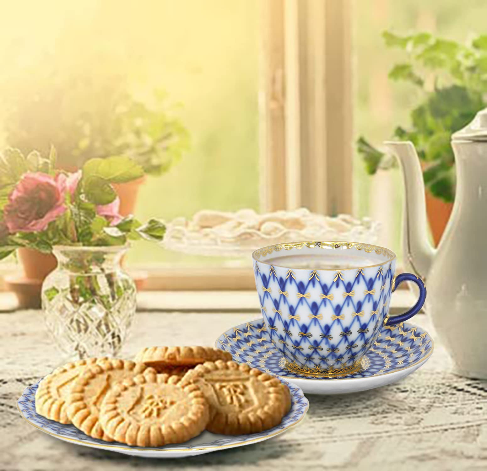 Lomonosov Porcelain Cobalt Net Coffee Cup and Saucer Set - 3 Piece Fine Bone China Tea Cup Set with Gold Accents - Elegant Tea Time & Coffee Break Accessories for Home, Cafe or Gift