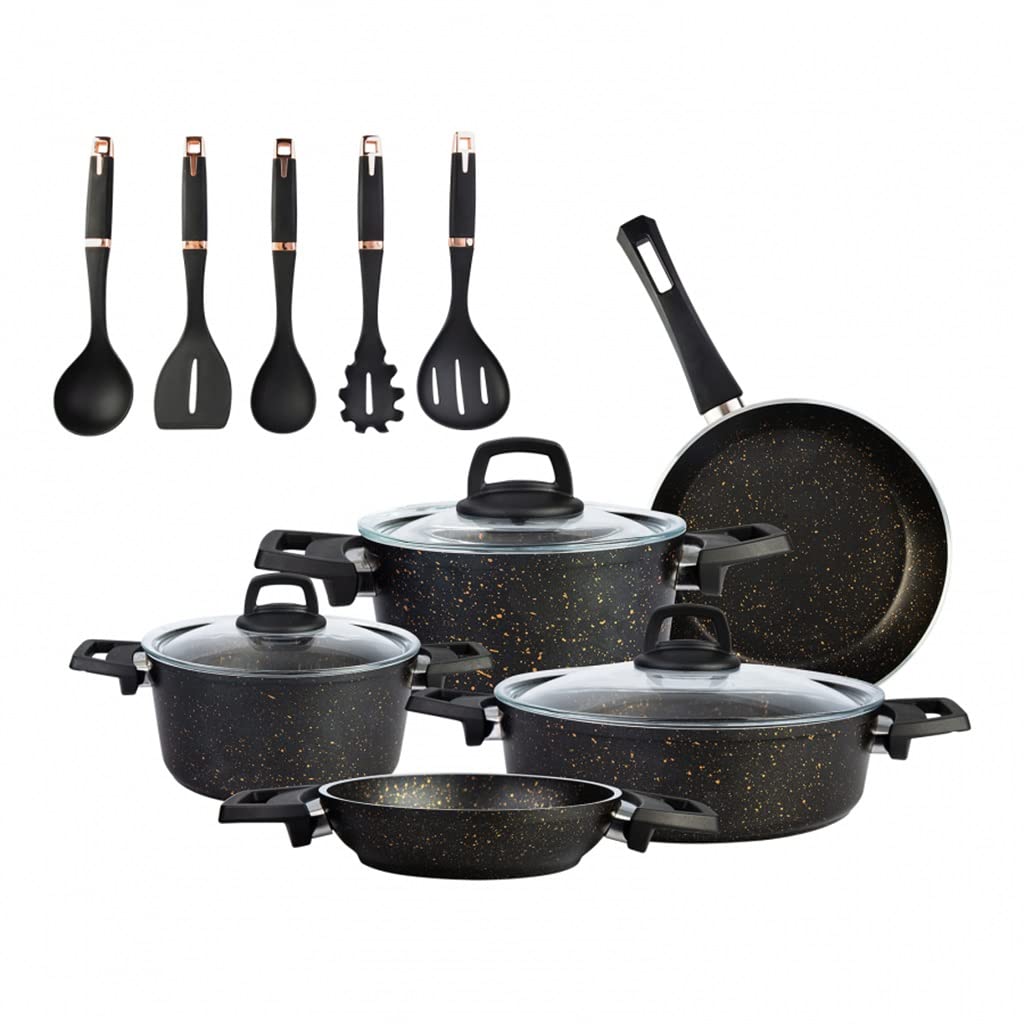 Premium 13-Piece Granite Cookware Set with Glass Lids - Nonstick Black Pots & Pans Kitchen Kit for Induction, Gas & Electric Stoves - Perfect for Home Cooking, Meal Prep & Professional Chefs