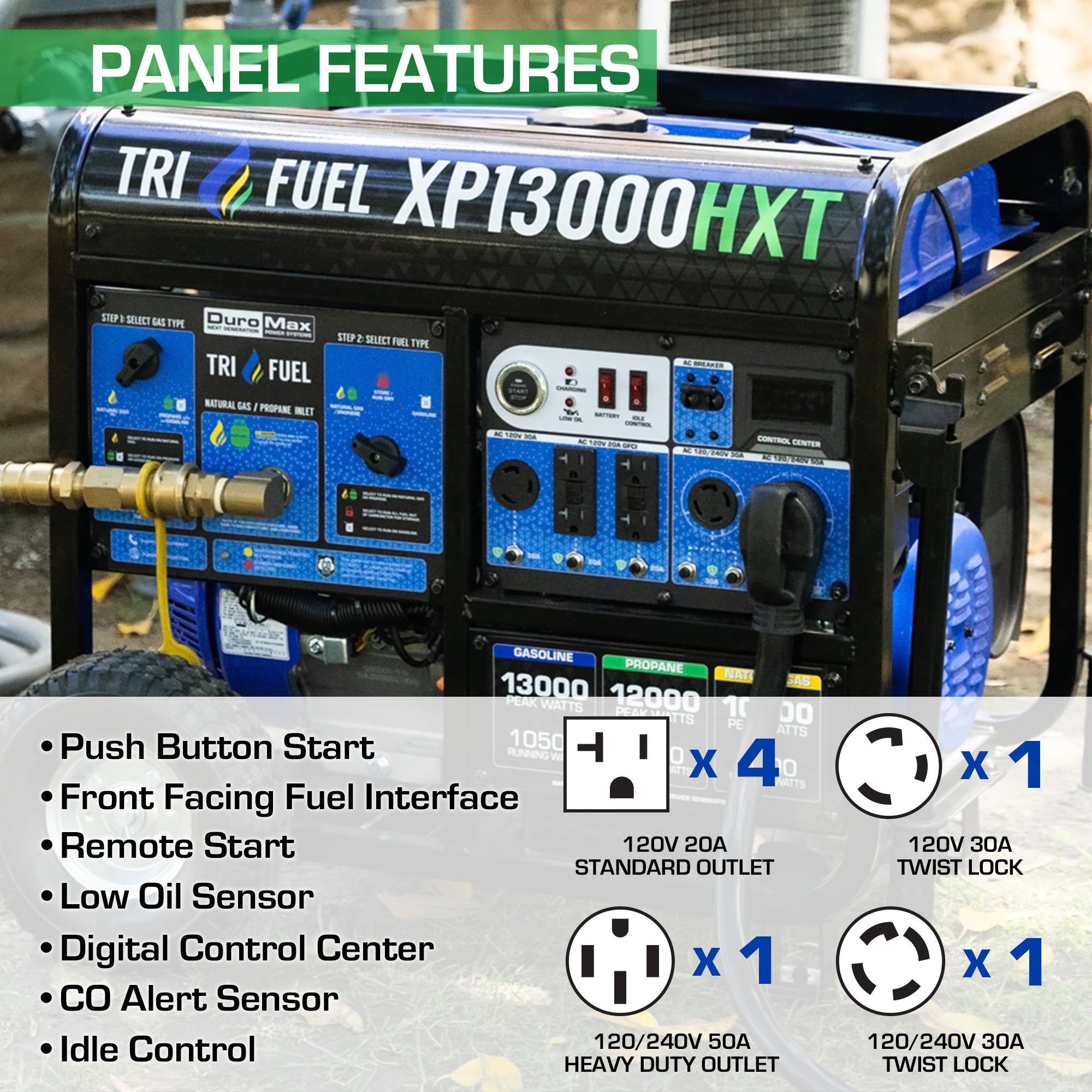 DuroMax XP13000HXT 10500W/13000W Tri-Fuel Portable Generator - Gasoline/Propane/Natural Gas with CO Alert & Remote Start - Perfect for Home Backup Power, Camping & Emergency Use
