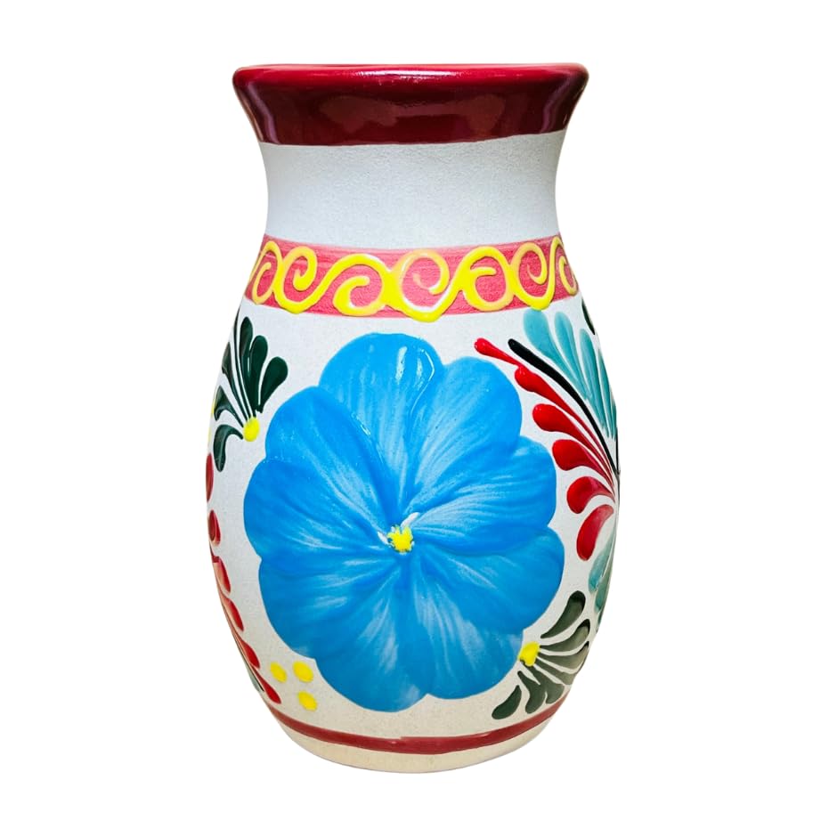 Handmade Mexican Clay Vase - Oval Michoacán Pottery Vase with Red Hand-Painted Design - Unique Home Décor for Living Room, Dining Table & Wedding Centerpieces - Duelaguetza Artisan Collection