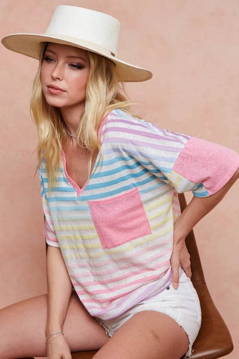 BiBi Rainbow Stripe Printed Triblend Knit Top - Women's Soft Comfortable Casual T-Shirt for Everyday Wear, Street Style & Summer Outfits