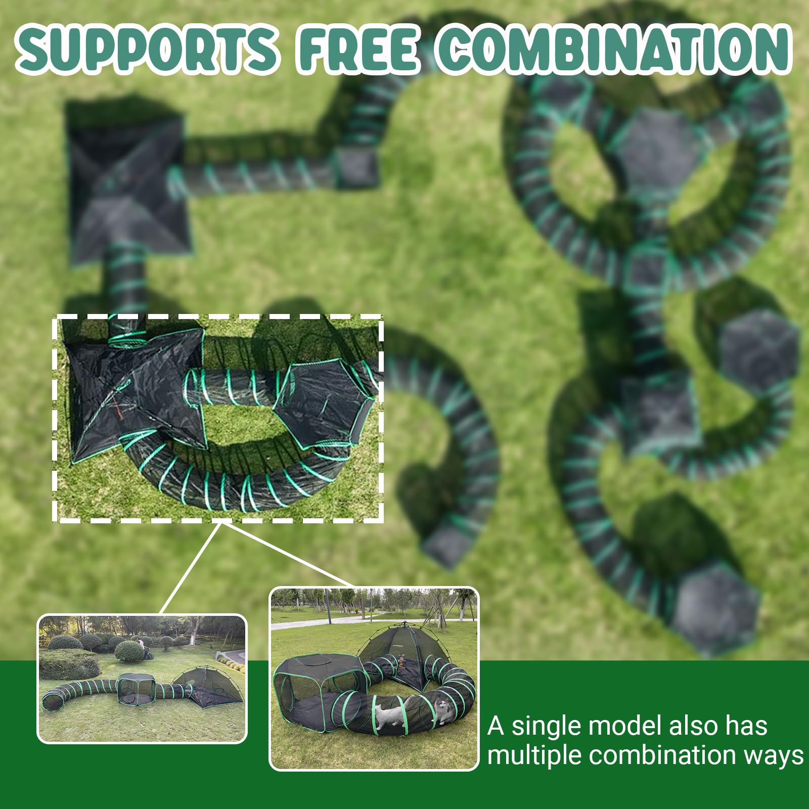Outdoor Cat Tent with Tunnels - Foldable Portable Cat Enclosure for Indoor & Outdoor Use - 4-in-1 Pet Playpen Includes 2 Tents & 2 Tunnels - Perfect for Backyard, Camping, and Travel Adventures with Your Cat
