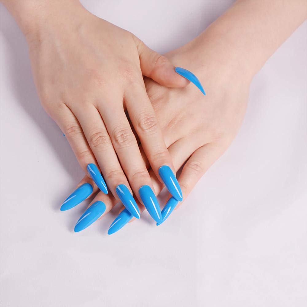 HUIL Extra Long Pointed Oval False Nails - Slim Acrylic Fake Nails with Crystal Diamond Design in Blue 1977 Color for Salon, Party & Special Occasions
