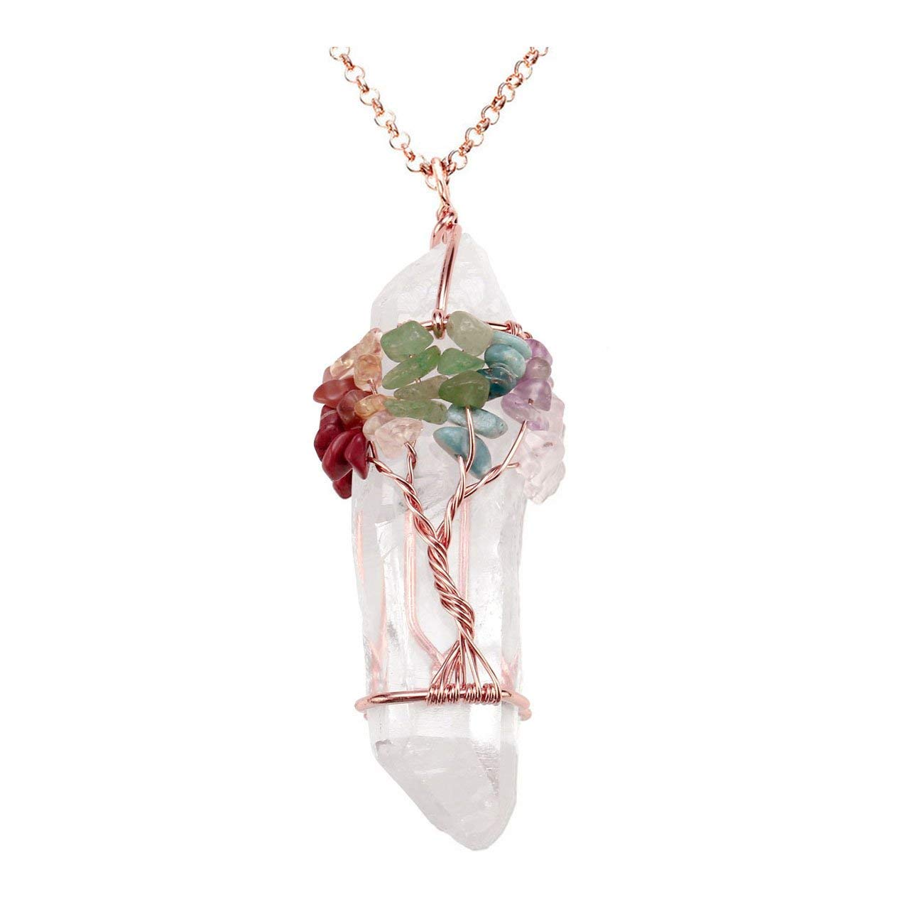 Jovivi 2-Piece Chakra Healing Crystal Necklace Set - Natural Clear Quartz Wire Wrapped Necklace & Rose Gold Flower Rose Quartz Pointed Crystal Pendant | Spiritual Healing, Meditation, Yoga, Energy Balancing Jewelry Gift