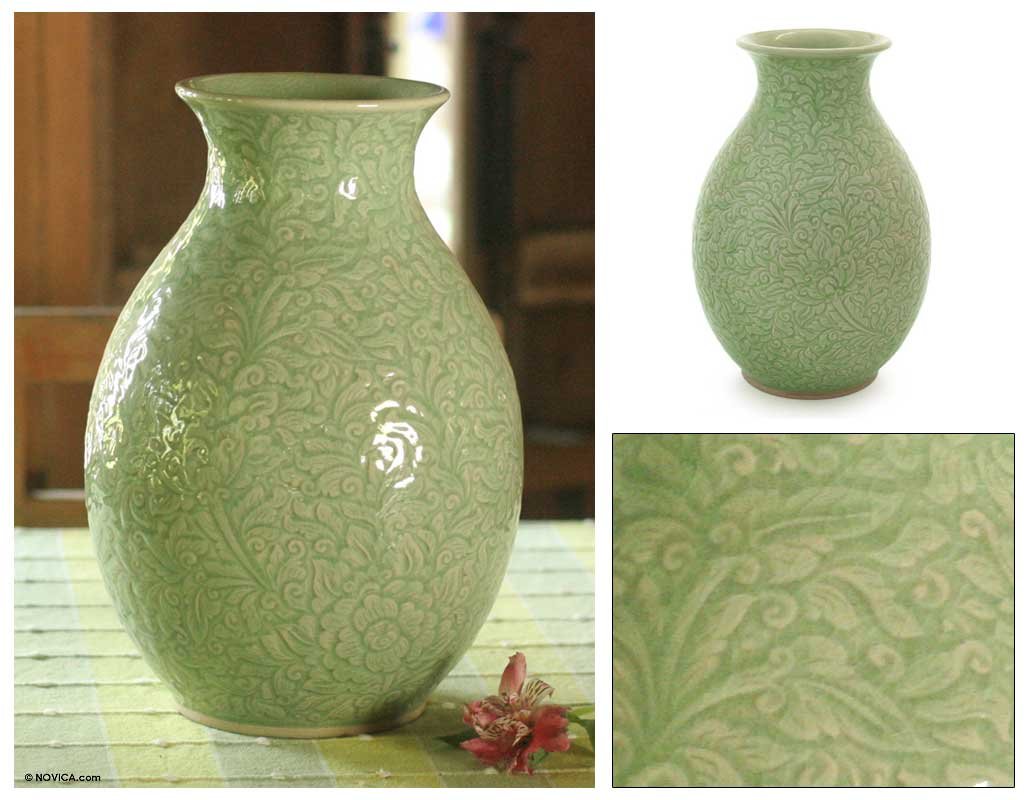 NOVICA Large Green Celadon Ceramic Vase with Floral Design - 'Surfaces' Handmade Artisan Vase for Home Decor, Wedding Centerpiece & Luxury Gift