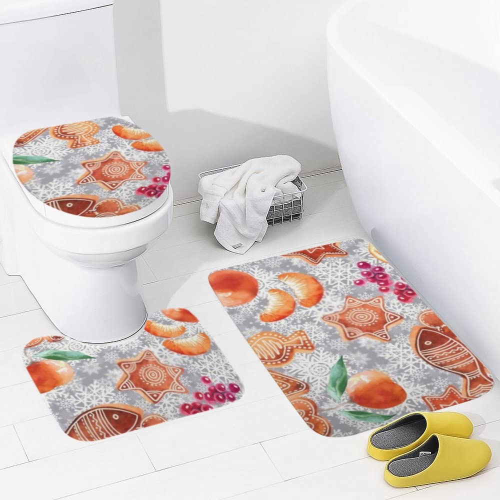 Hapuxt 3-Piece Winter Bath Rug Set - Anti-Slip Absorbent Bathroom Mats with Toilet Lid Cover & U-Shaped Contour Rug | Machine Washable | Christmas Gingerbread Cookie Holiday Decor | Cozy Bathroom Upgrade for Winter Comfort