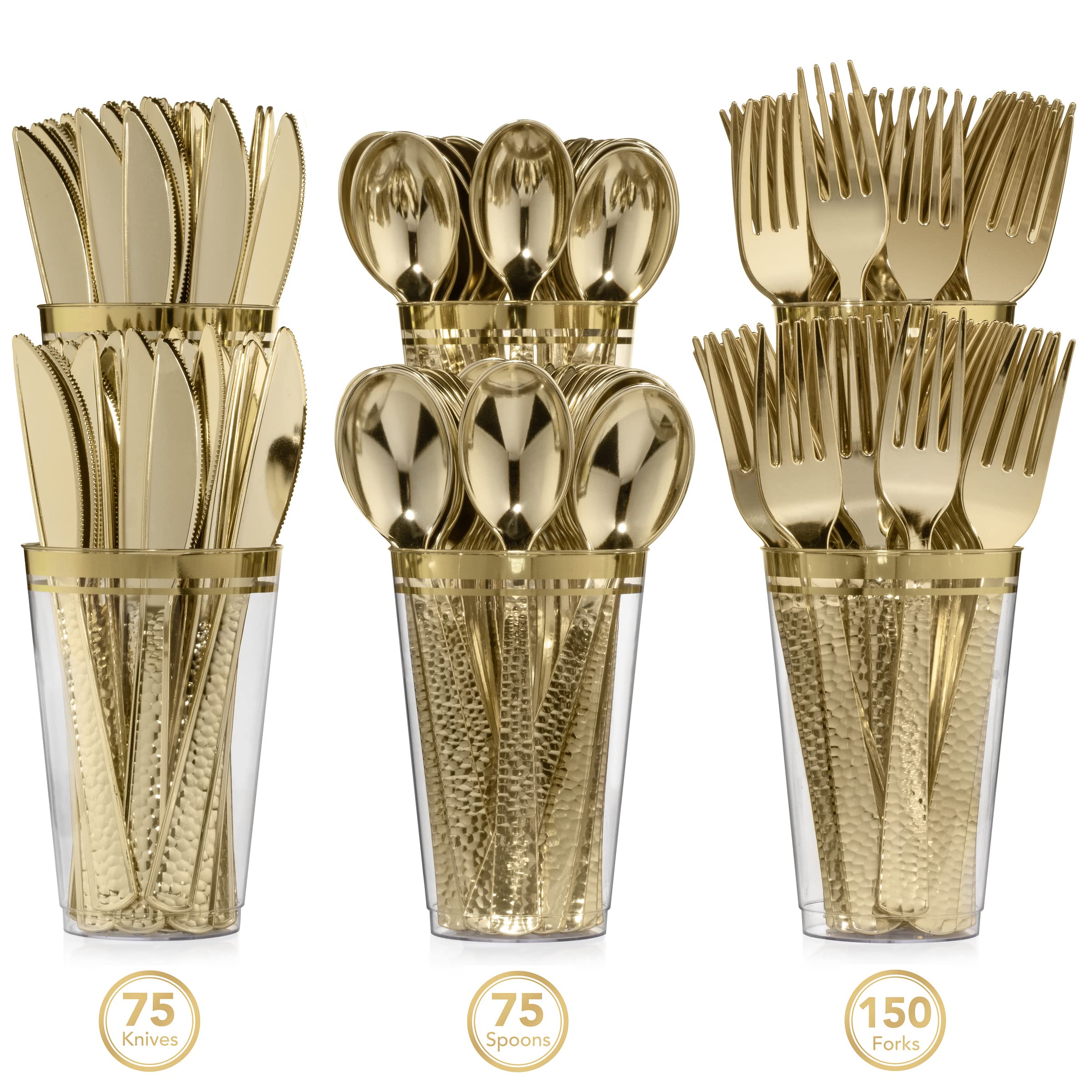 300-Piece Gold Plastic Cutlery Set - Elegant Metallic Silverware with Hammered Finish (75 Spoons, 75 Knives, 150 Forks) - Perfect for Weddings, Parties, and Special Events