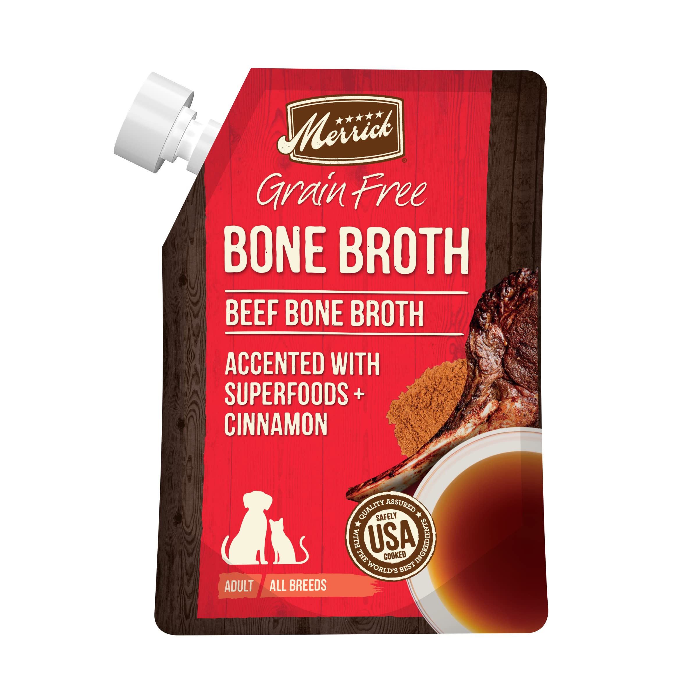 Merrick Grain Free Bone Broth for Dogs & Cats - Premium Human Grade, Gluten Free Beef Food Topper (16 oz Pouch) | Perfect for Hydration & Enhancing Dry Kibble