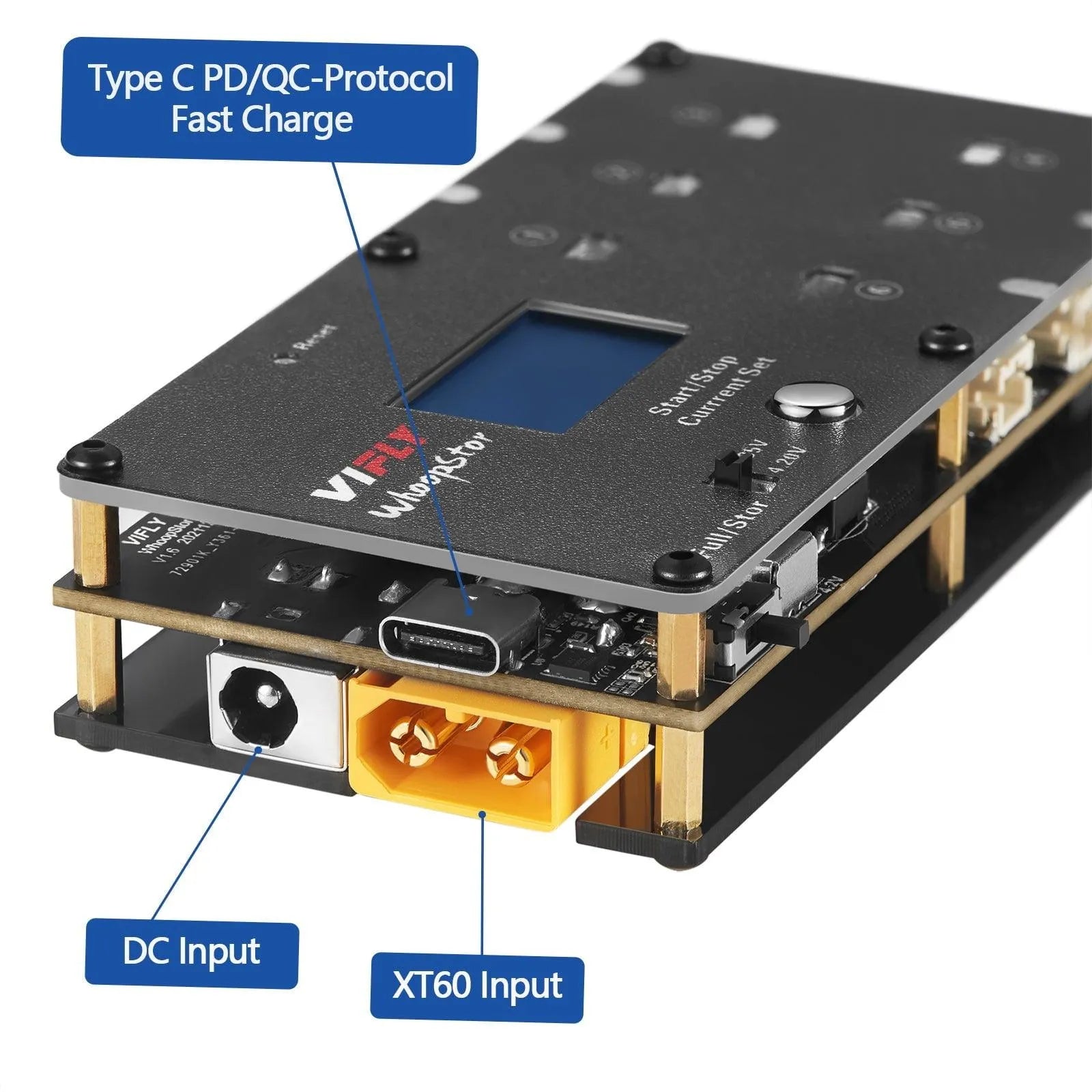 VIFLY Whoopstor V2 1S LiPo/LiHV 6-Channel Battery Charger & Discharger - DC/USB-C Input - Compatible with BT2.0 & PH2.0 Connectors - Perfect for FPV Drone Racing and RC Hobby Charging