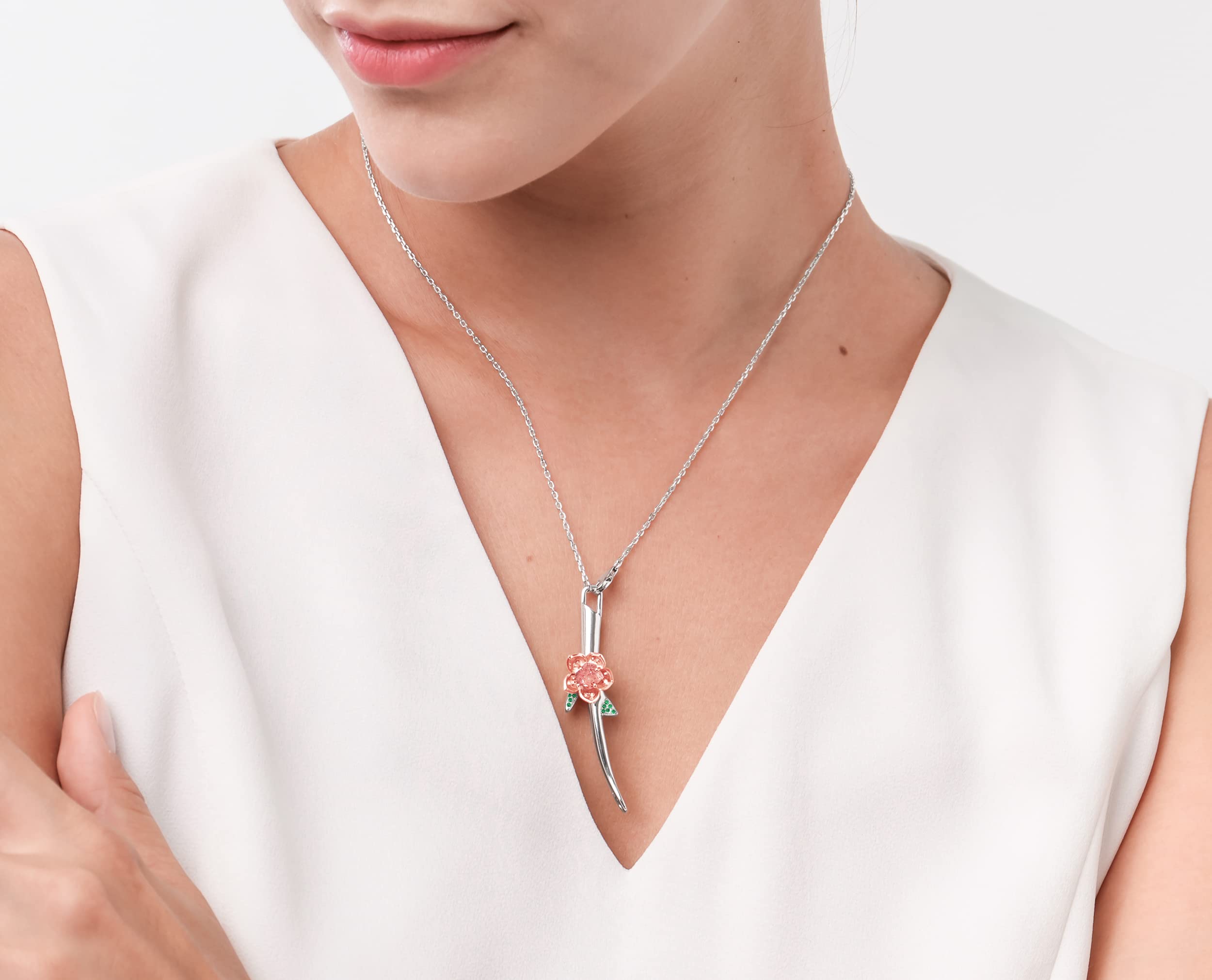 Emerald Floral Pendant Necklace - Silver Tree Branch Necklace - Rose Quartz Sakura Twig Jewelry for Women, Gift for Her, Boho Chic Style, Perfect for Weddings & Special Occasions