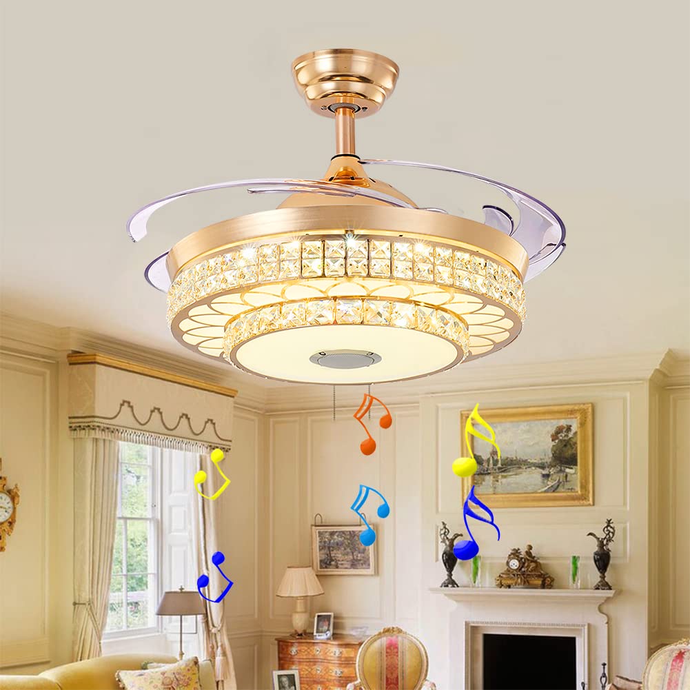 MoreChange Retractable Ceiling Fan with LED Lights - 3 Speed Settings & 3 Color Temperatures, Silent Motor, Gold Finish - Perfect for Bedroom, Living Room & Dining Room Lighting