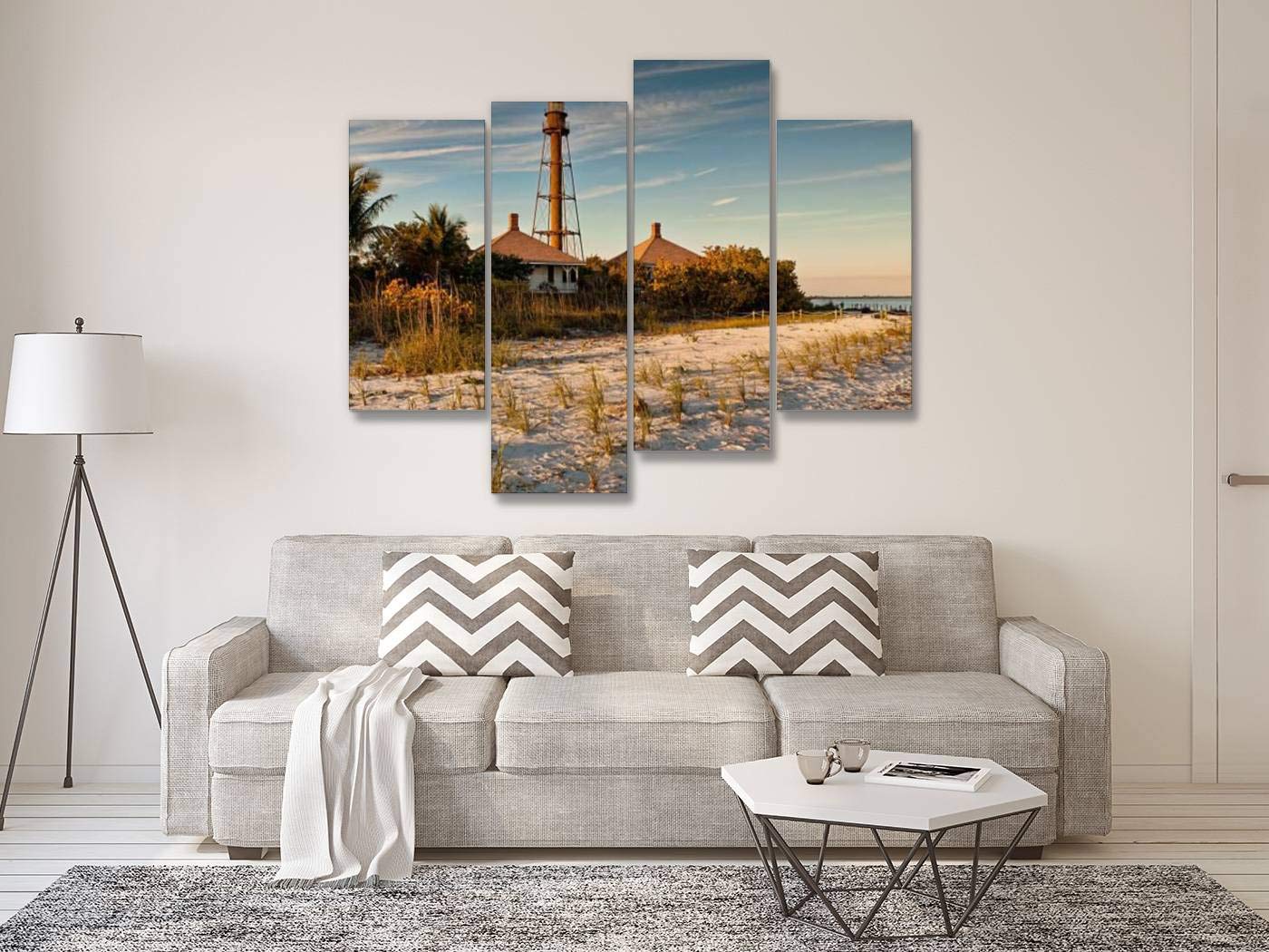 Sanibel Island Lighthouse Canvas Wall Art - Modern Framed Painting for Living Room, Bedroom & Office Decor - Ready to Hang 4-Panel Coastal Landscape Artwork - Perfect for Beach House, Nautical Theme & Home Interior Design