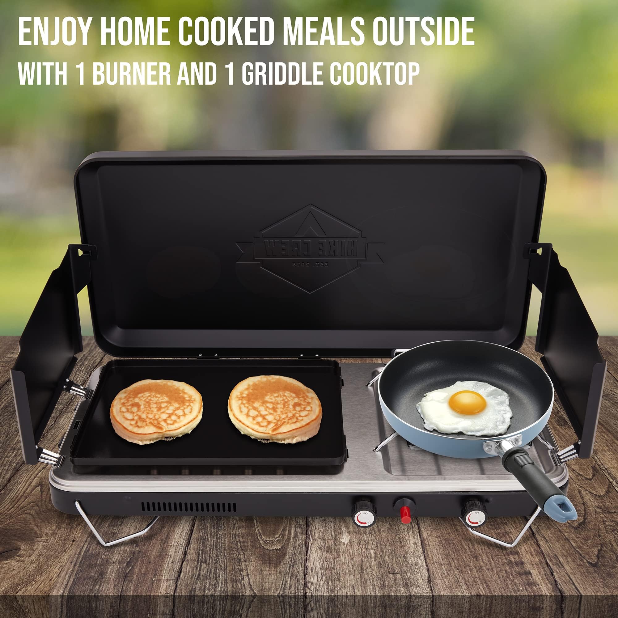 Hike Crew 2-in-1 Portable Gas Camping Stove with Griddle - Propane Burner with Integrated Igniter & Stainless Steel Drip Tray | Built-in Carrying Handle, Foldable Legs & Wind Panels | Includes Regulator | Perfect for Outdoor Cooking, Camping, Backpacking & Picnics