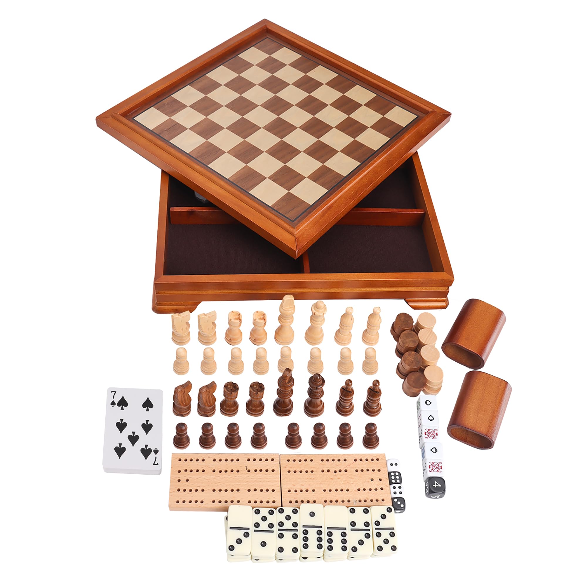 GSE 7-in-1 Wooden Game Set - Chess, Checkers, Backgammon for Family Game Night
