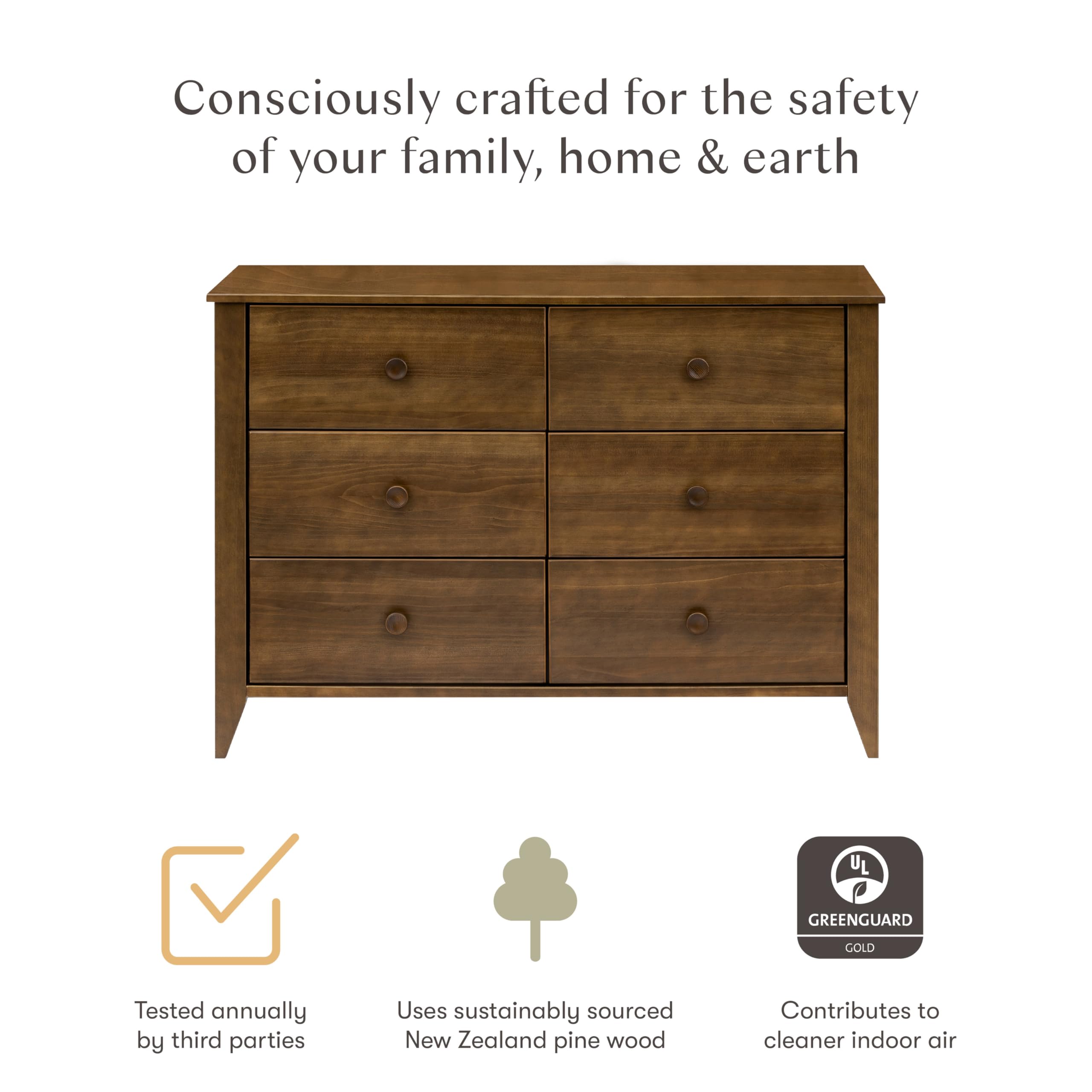 Babyletto Sprout 6-Drawer Double Dresser in Natural Walnut - Greenguard Gold Certified Eco-Friendly Nursery Furniture for Baby & Kids Room Organization