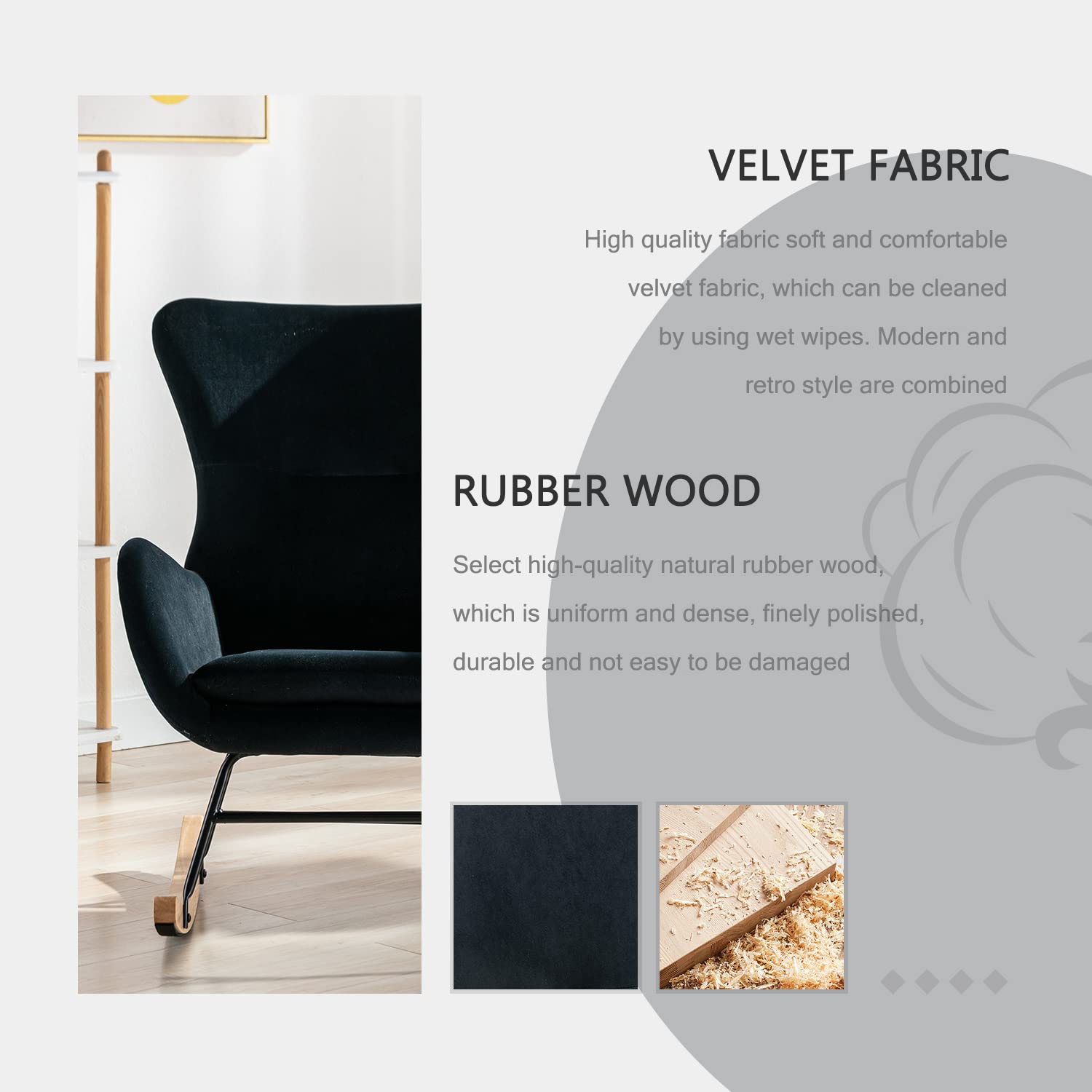 Modern Rocking Chair - High Back Upholstered Glider with Armrests, Comfortable Nursery Rocker for Baby Room, Living Room & Bedroom (Black) - Perfect for Nursing, Reading & Relaxing