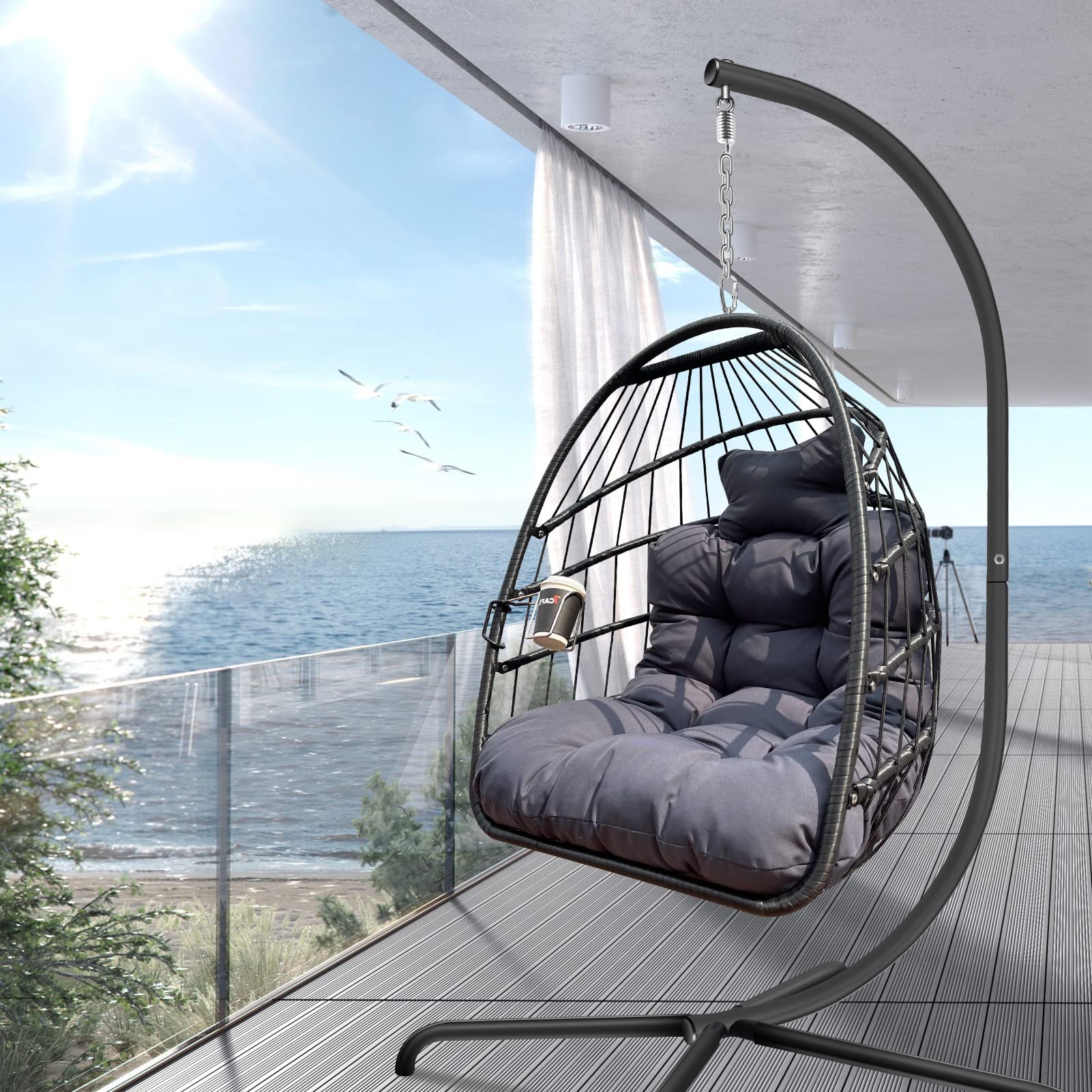 JESE Foldable Wicker Egg Swing Chair with Stand - UV Resistant & Waterproof Cushion, 350lbs Capacity Hanging Chair with Cup Holder - Perfect for Patio, Bedroom, Indoor & Outdoor Relaxation (Black)