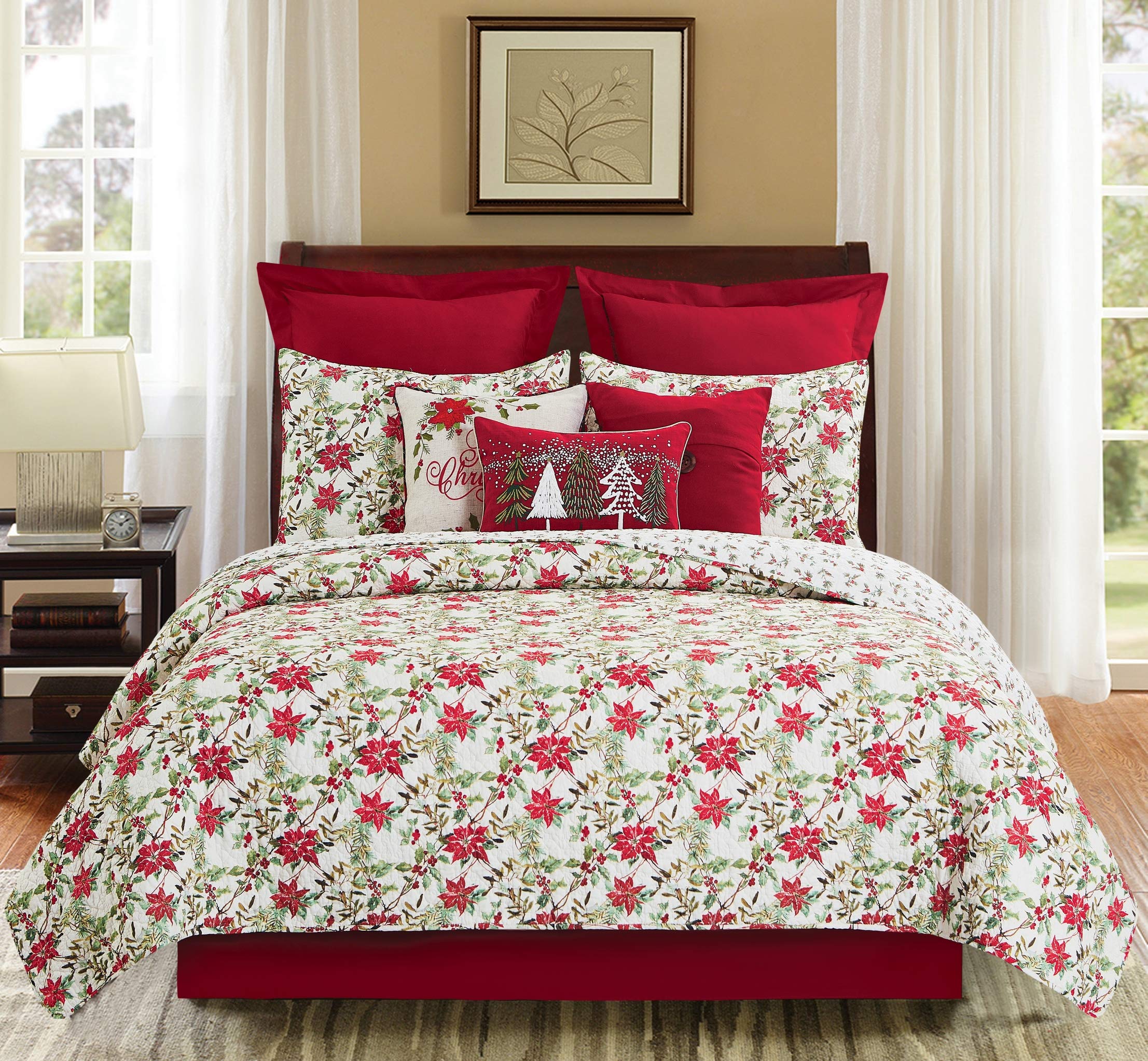 C&F Home Eve Reversible King Quilt Set - Red & Green Botanical Holly Sprig Christmas Design - 3 Piece Bedding Set for Holiday Decor (King Size) - Perfect for Festive Bedroom Makeover and Winter Home Styling