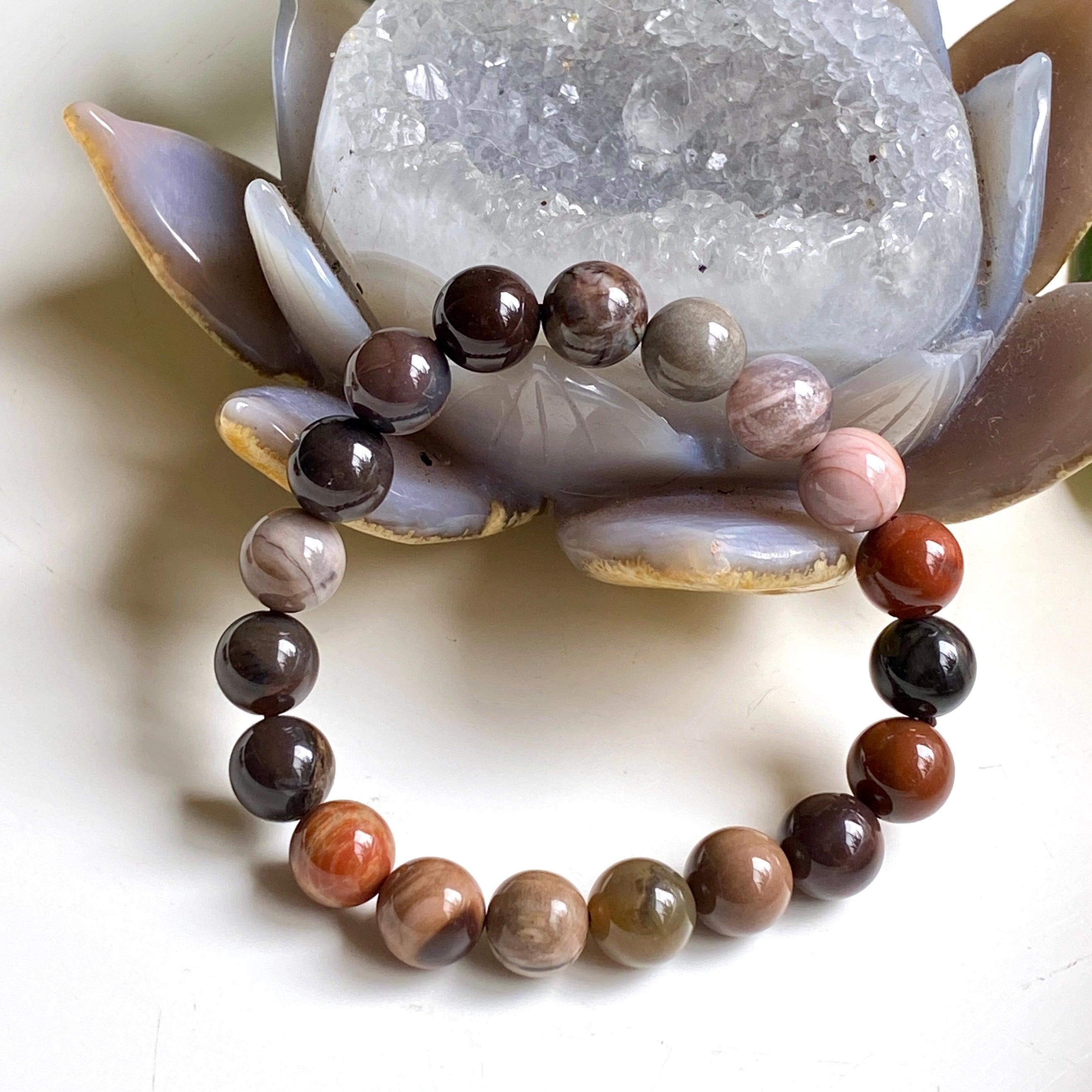 Natural Petrified Wood Beaded Bracelet for Women & Men - Unique Fossilized Stone Jewelry for Healing, Meditation & Spiritual Energy - Perfect for Gifts, Yoga & Boho Fashion