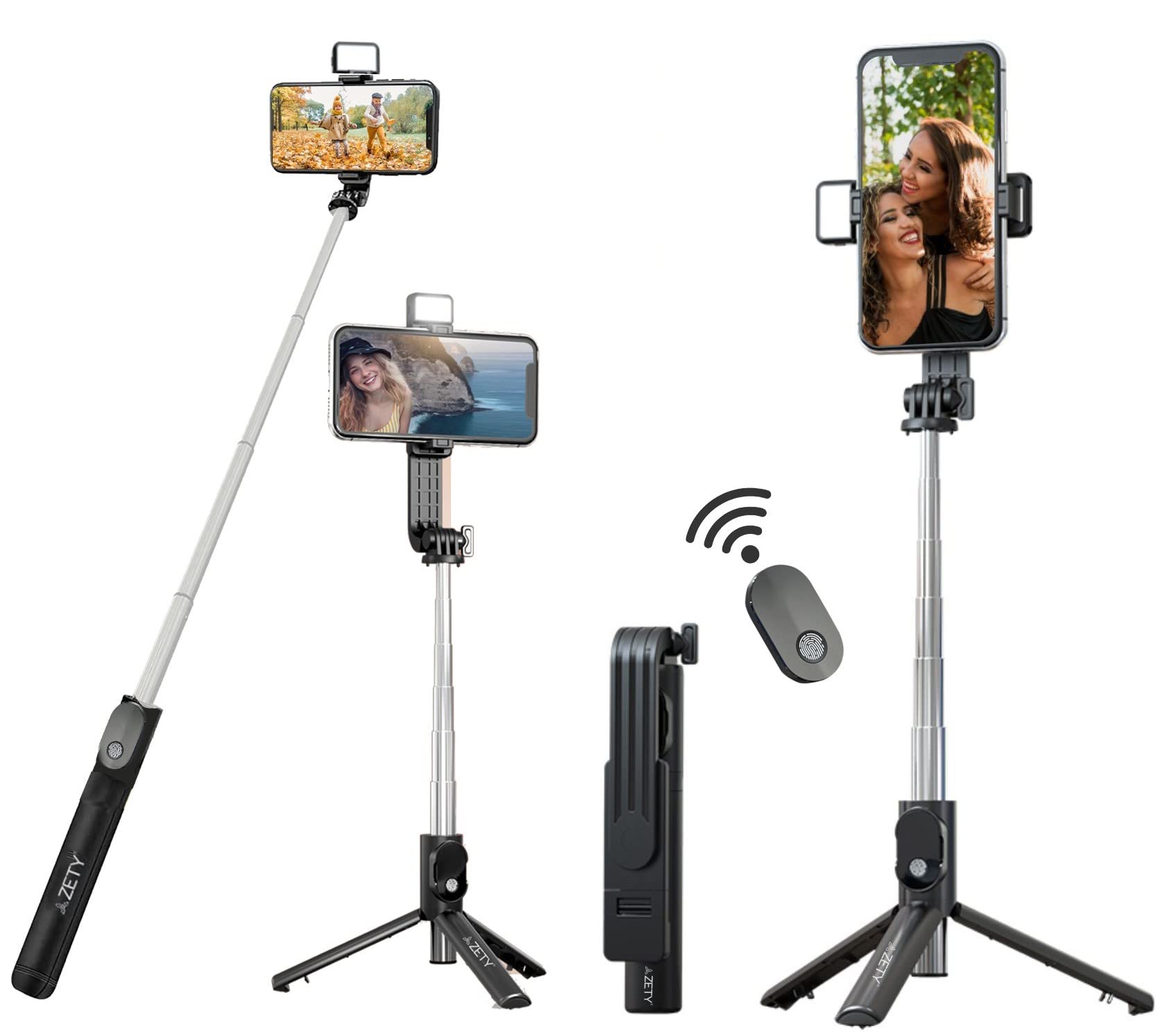 Zety (S20) 40 Inch / 103cm Extendable Selfie Stick Tripod with Bluetooth Remote & LED Light - Multi-Purpose Phone Stand for Travel, Vlogging, Photography & Group Photos