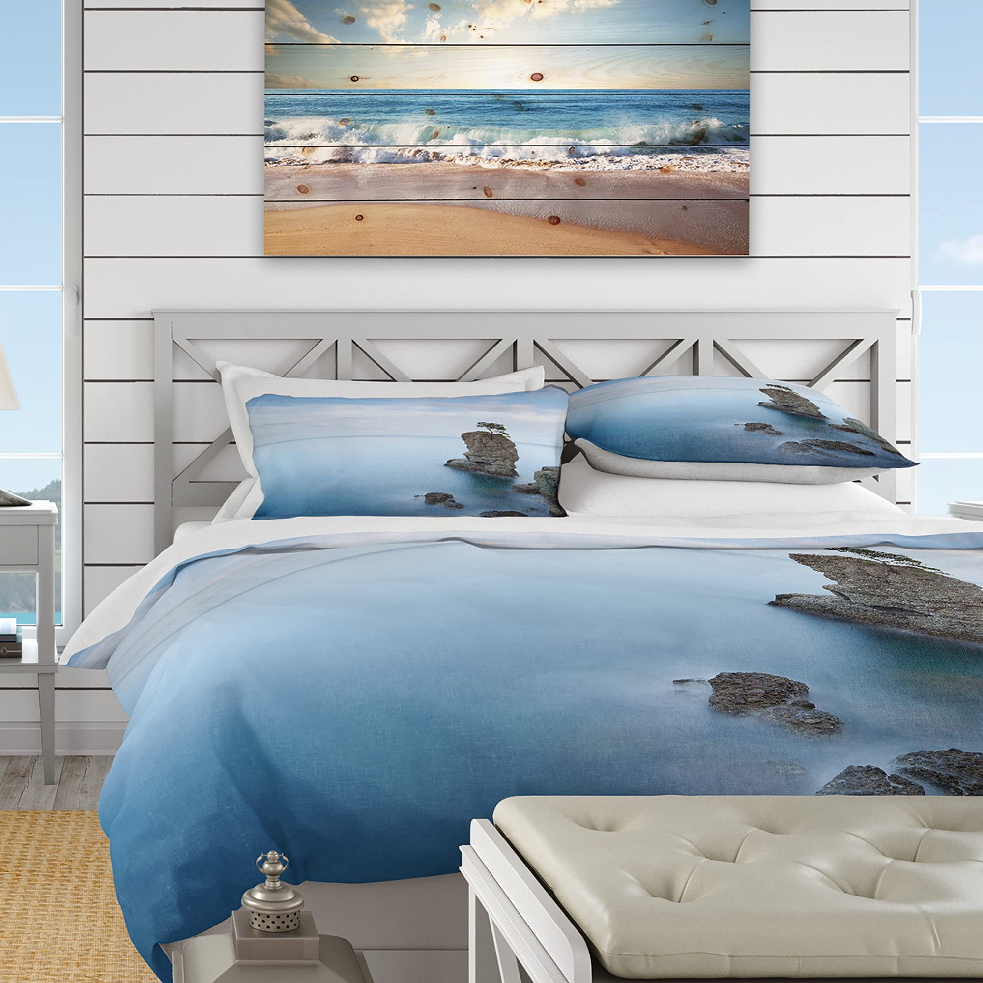Pine Tree Rock Duvet Cover Set King - Nautical Coastal Bedding for Beach & All Seasons