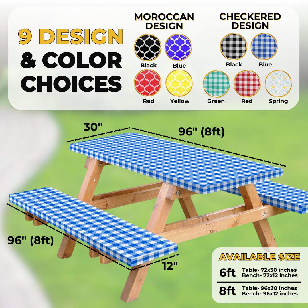 RNOONY Waterproof Vinyl Picnic Table Cover with Bench Covers & Storage Bag - 96x30 Inch 3-Piece Set (Blue Checkered) - Elastic Edges for Secure Fit - Perfect for Outdoor Dining, BBQs, Camping & Backyard Parties