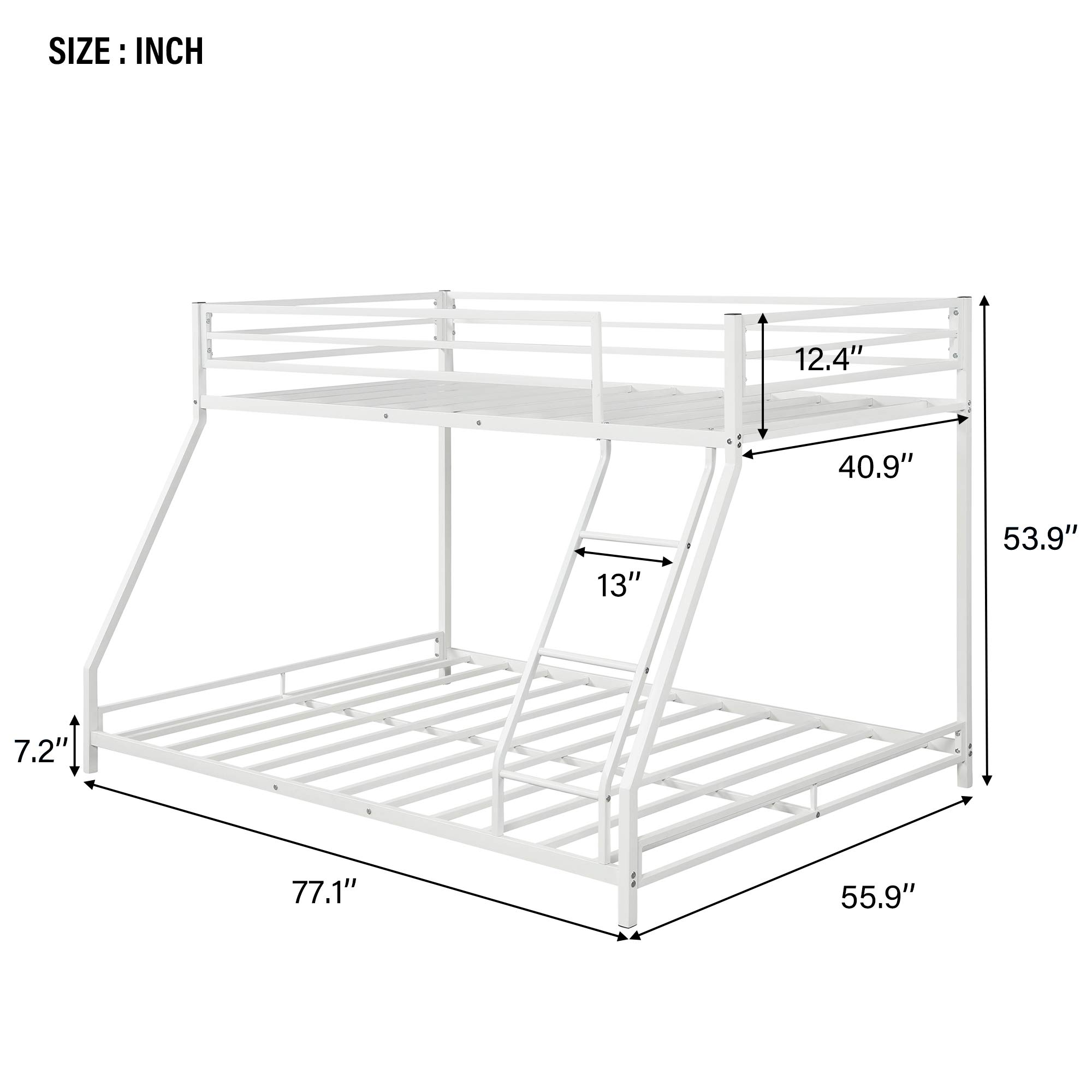 Heavy Duty Metal Low Bunk Bed - Twin Over Full Floor Bunk Bed with Sloping Ladder & Safety Guardrails - Sturdy Bed Frame for Kids Teens Adults - Perfect for Small Rooms, Dorms & Guest Rooms (White)