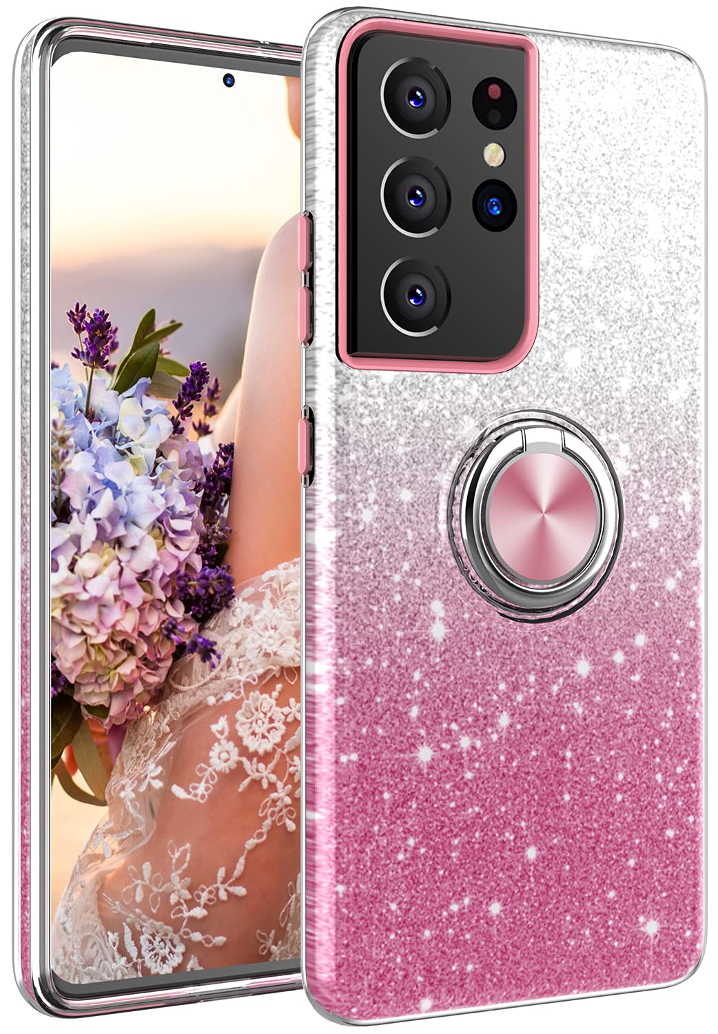 Samsung Galaxy S21 Ultra Case - Sparkly Glitter Phone Cover with Kickstand | Slim Fit, Shockproof & Drop Protection | Cute Pink Design for Women & Girls | Perfect for Daily Use, Travel & Work