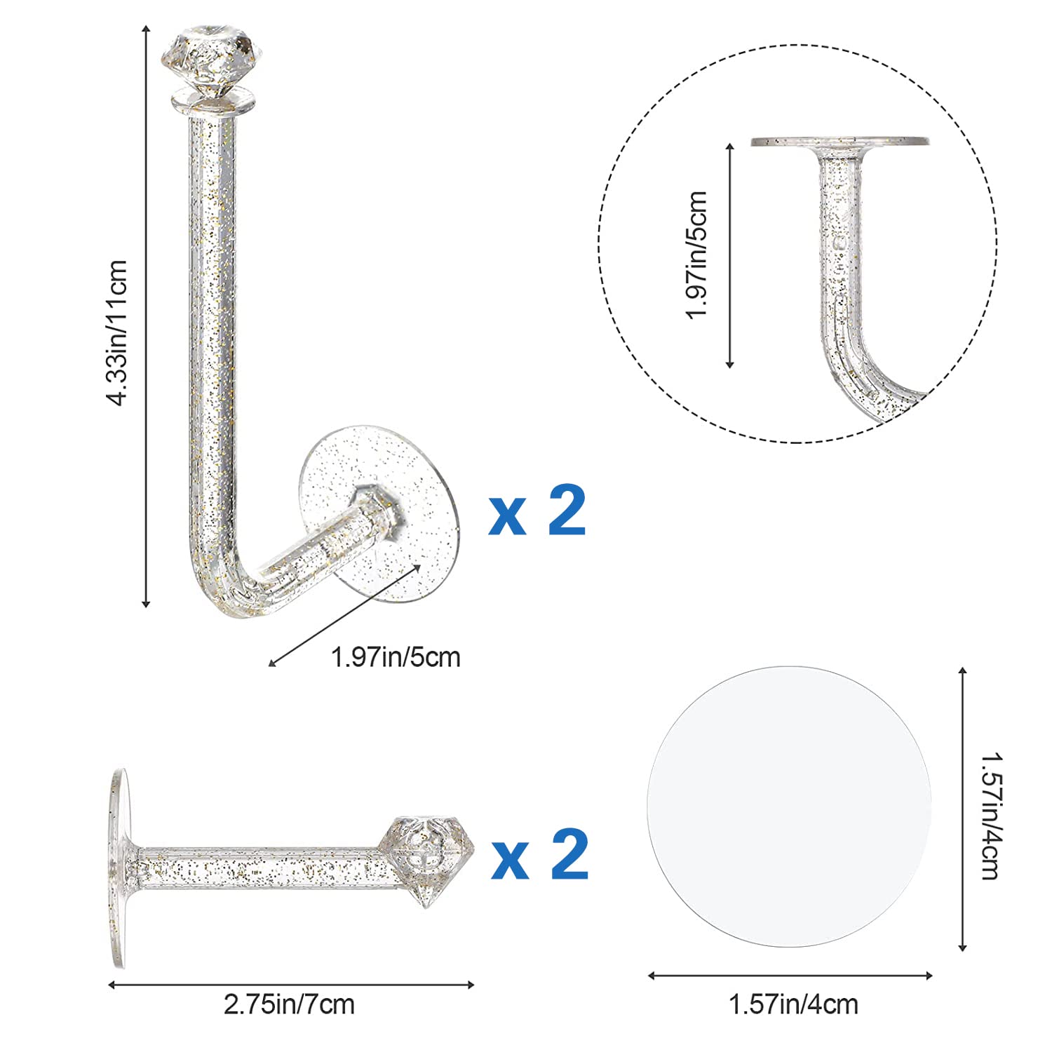 4 Pcs Clear Glitter Adhesive Scrunchies Holder - Waterproof DIY Hair Accessories Organizer - Wall Hooks for Scrunchy Storage, Headbands & Hair Ties - Perfect for Girls' Room, Bathroom & Dorm Organization