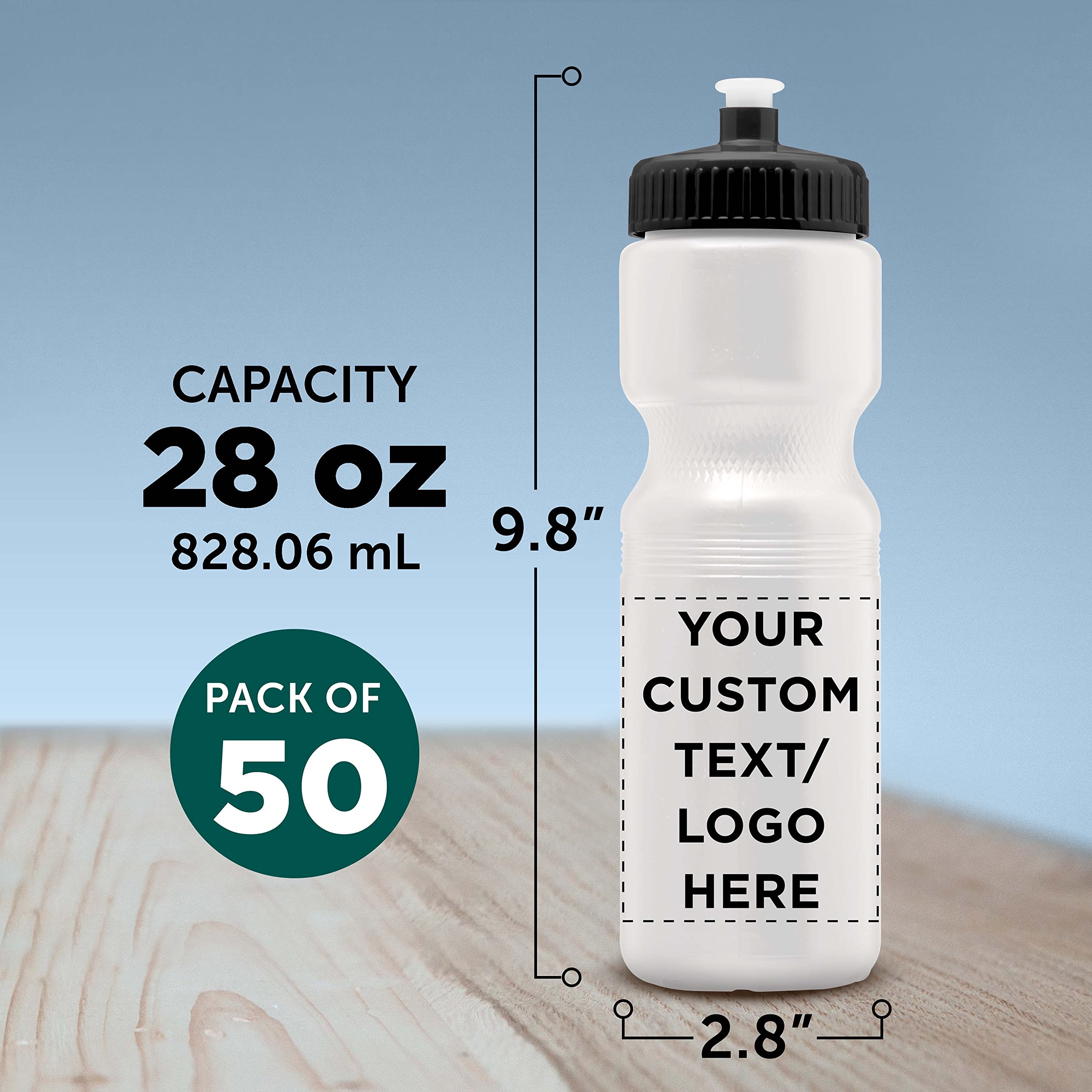 28 oz Custom Push Cap Plastic Water Bottles Bulk Pack of 50 - Personalized Reusable Water Bottles for Gym, Hiking, Camping & Outdoor Sports - Ideal for Team Events, Corporate Gifts & Promotional Giveaways - White